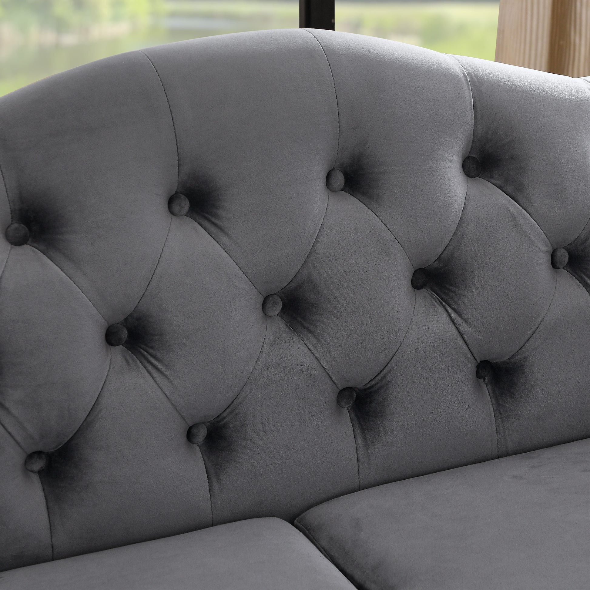 57" Chesterfield Sofa Grey Velvet For Living Room, 2 Seater Sofa Tufted Couch With Rolled Arms And For Living Room, Bedroom, Office, Apartment, Two Pillowsw834S00073 Grey Foam Velvet