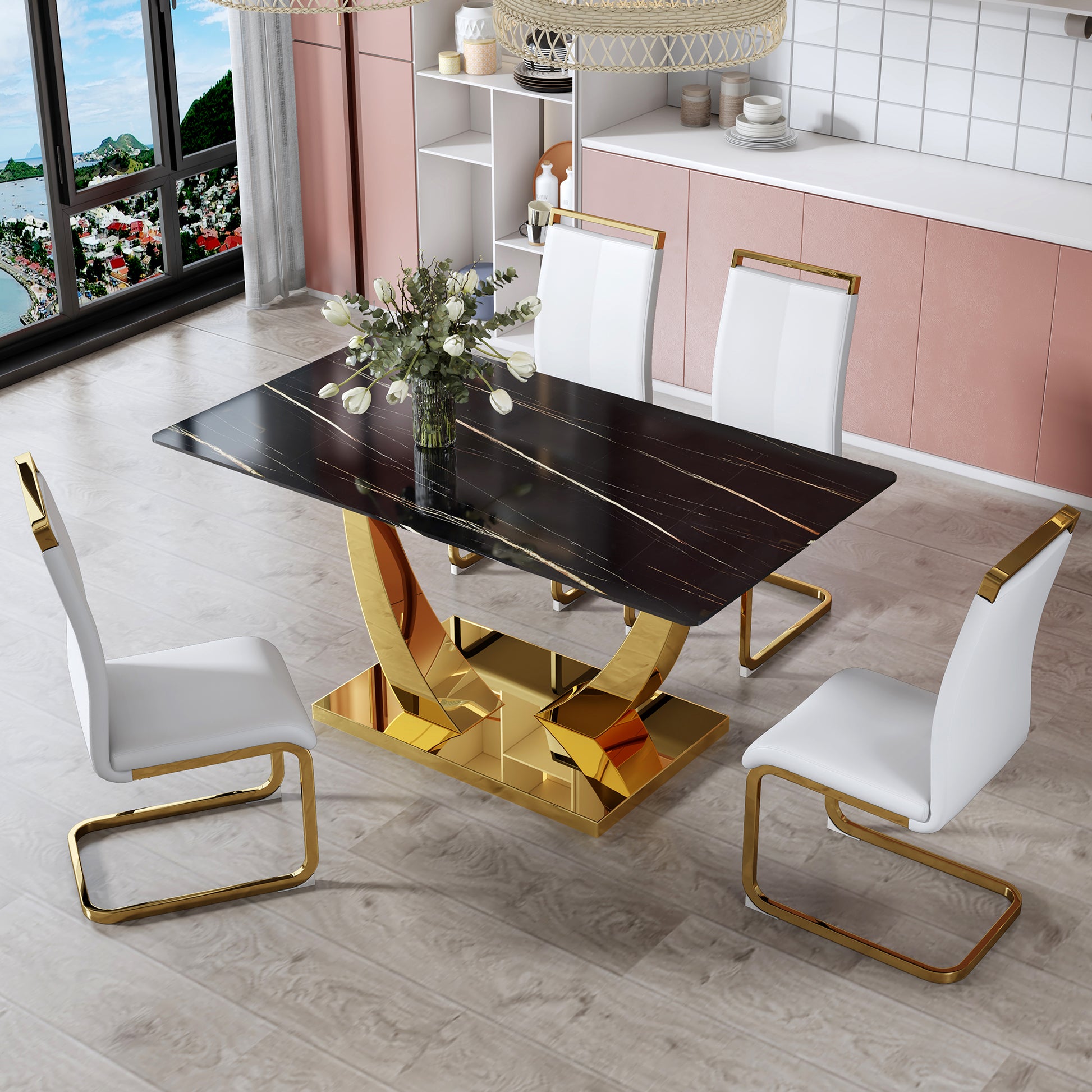 Modern Minimalist Rectangular Glass Dining Table, 0.4 "Thick, Black Sticker Glass Tabletop, Gold Plated Metal Legs. Used In Kitchens, Restaurants, And Living Rooms 63"*35.4"*30" F 1548 Black Gold