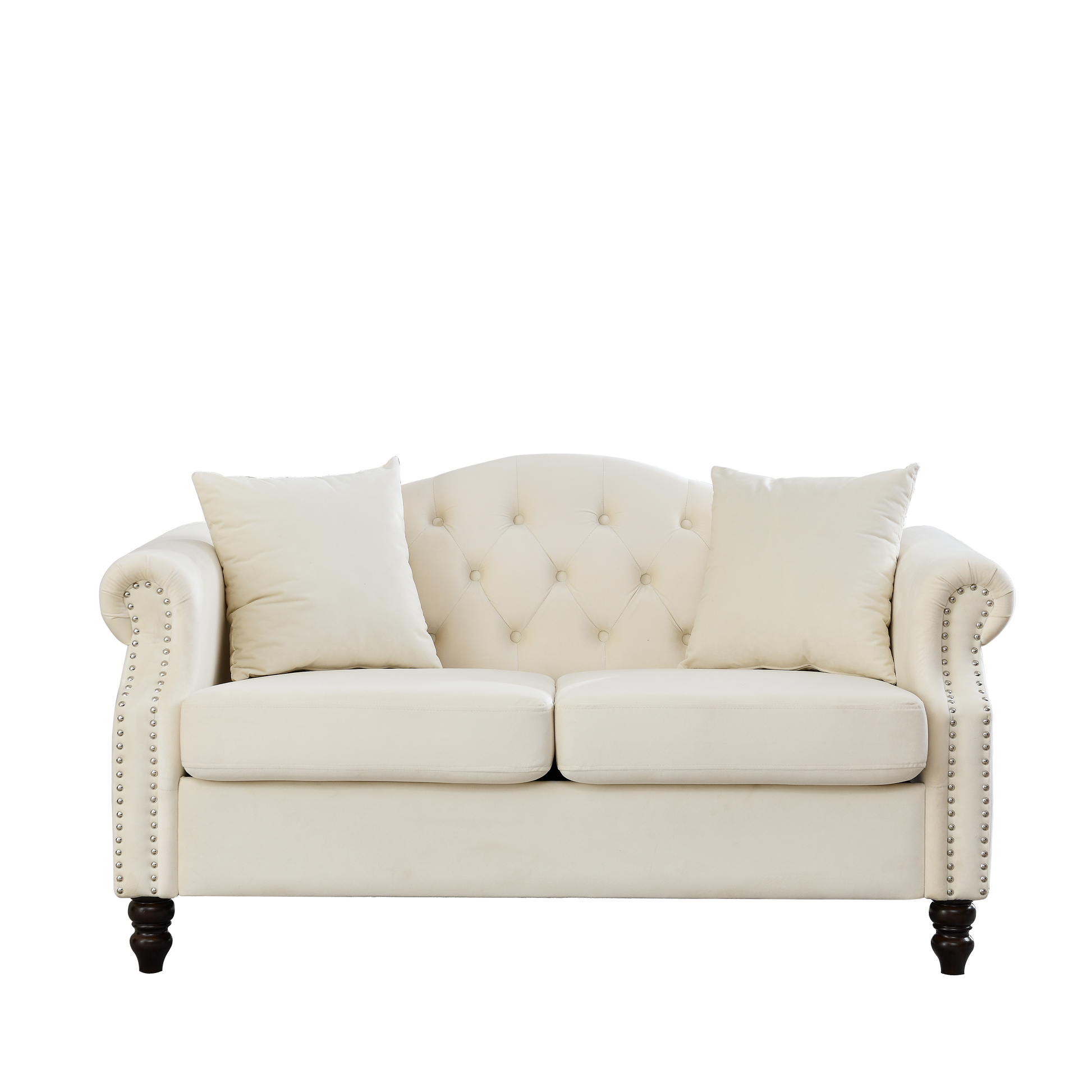 57" Chesterfield Sofa Grey Velvet For Living Room, 2 Seater Sofa Tufted Couch With Rolled Arms And For Living Room, Bedroom, Office, Apartment, Two Pillows Beige Foam Velvet