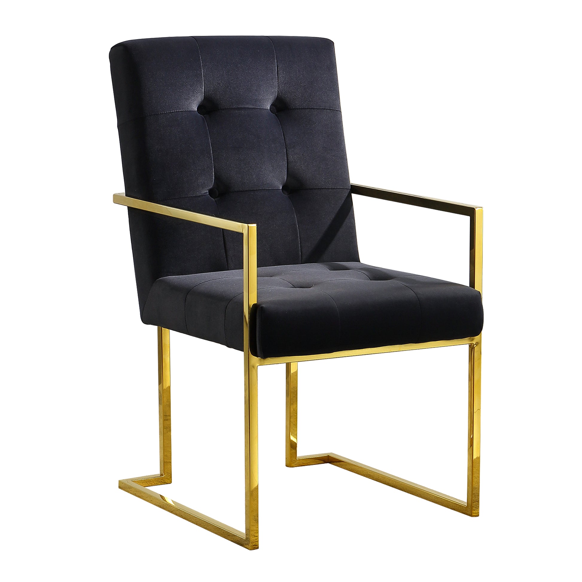 Modern Velvet Dining Arm Chair Set Of 1, Tufted Design And Gold Finish Stainless Base Black Velvet