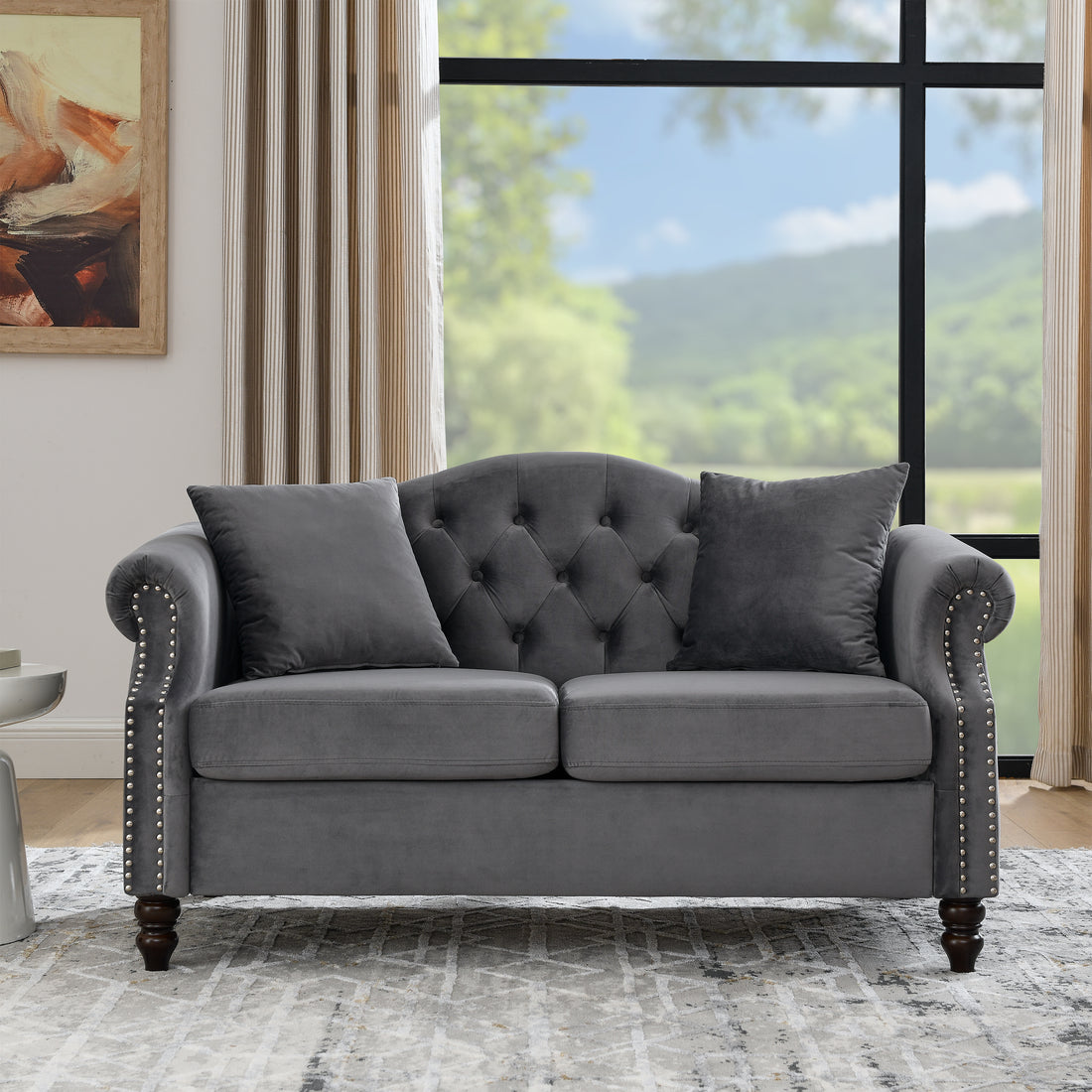 57" Chesterfield Sofa Grey Velvet For Living Room, 2 Seater Sofa Tufted Couch With Rolled Arms And For Living Room, Bedroom, Office, Apartment, Two Pillowsw834S00073 Grey Foam Velvet