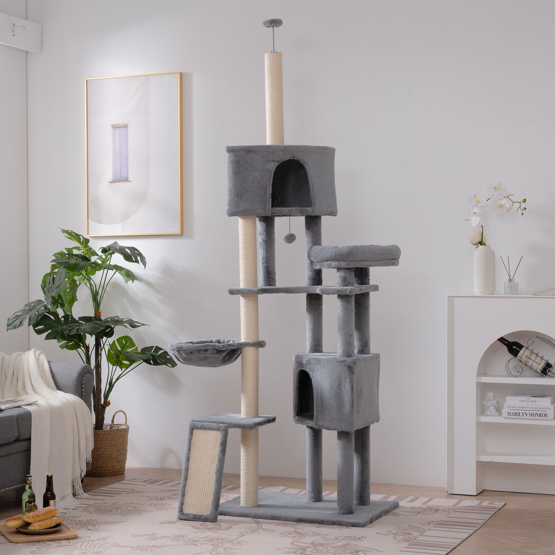 Cat Tree, 105 Inch Cat Tower For Indoor Cats, Plush Multi Level Cat Condo With 3 Perches, 2 Caves, Cozy Basket And Scratching Board, Gray Color Antique Gray Mdf