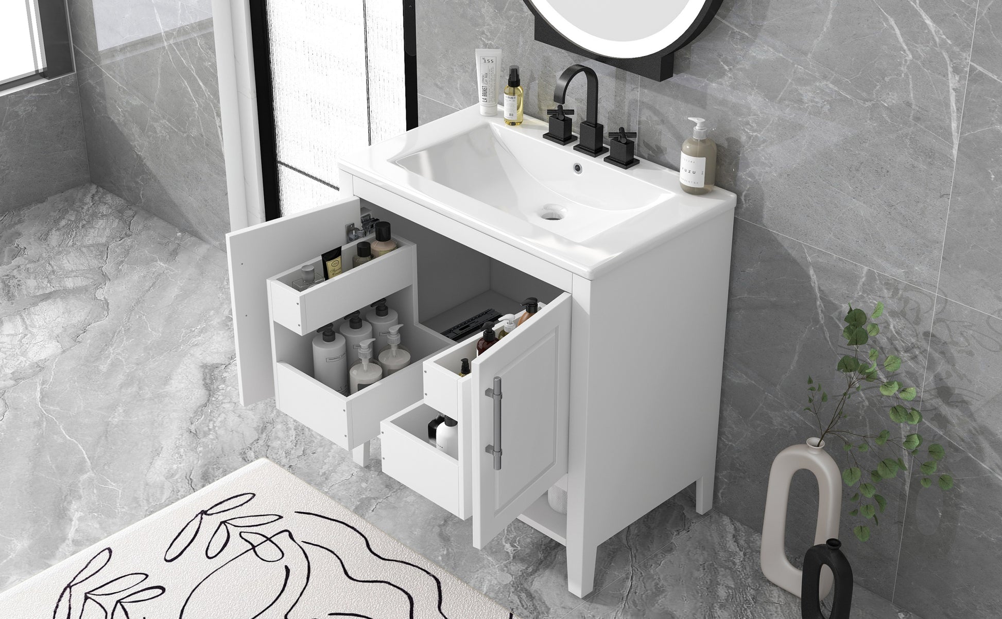 30" Bathroom Vanity With Sink, Multi Functional Bathroom Cabinet With Doors And Drawers, Solid Frame And Mdf Board, White White Solid Wood Mdf