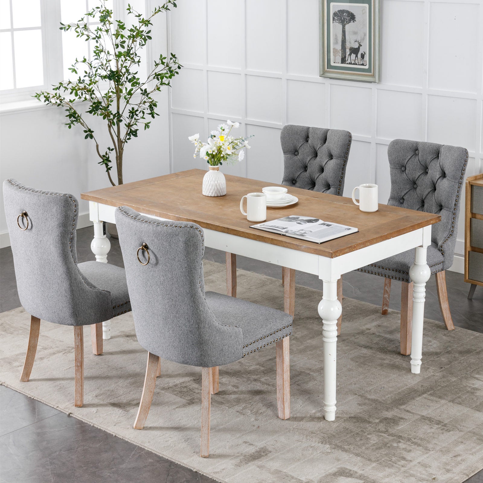 Nikki Collection Modern, High End Tufted Solid Wood Contemporary Flax Upholstered Linen Dining Chair With Wood Legs Trim 2 Pcs Set,Gray, Sw6801Gy Gray Dining Room Foam American Design Rubberwood Foam Linen