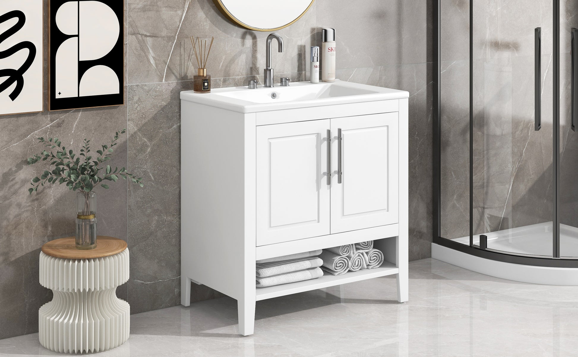 30" Bathroom Vanity With Sink, Multi Functional Bathroom Cabinet With Doors And Drawers, Solid Frame And Mdf Board, White White Solid Wood Mdf