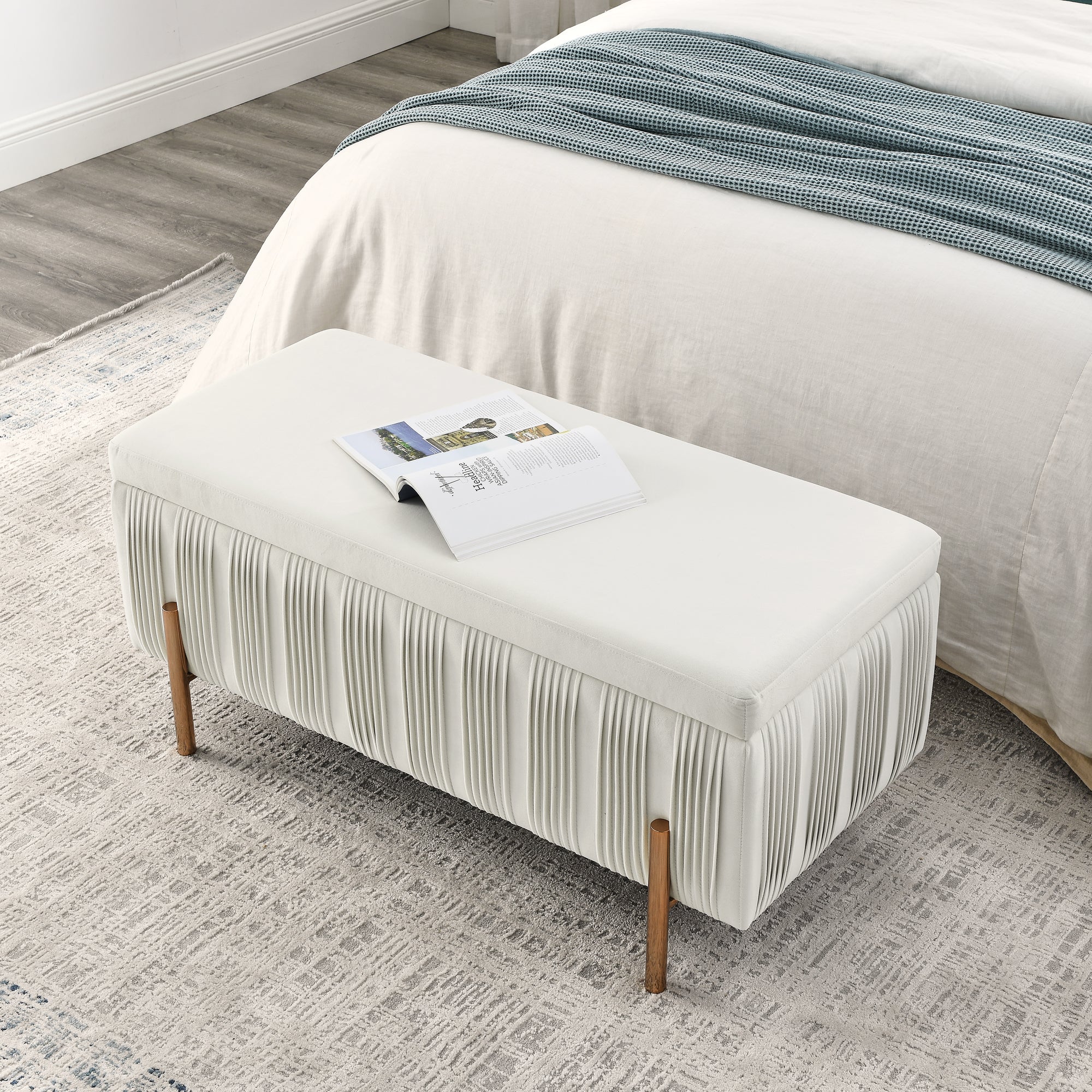 Elegant Upholstered Velvet Storage Bench with Cedar beige-office