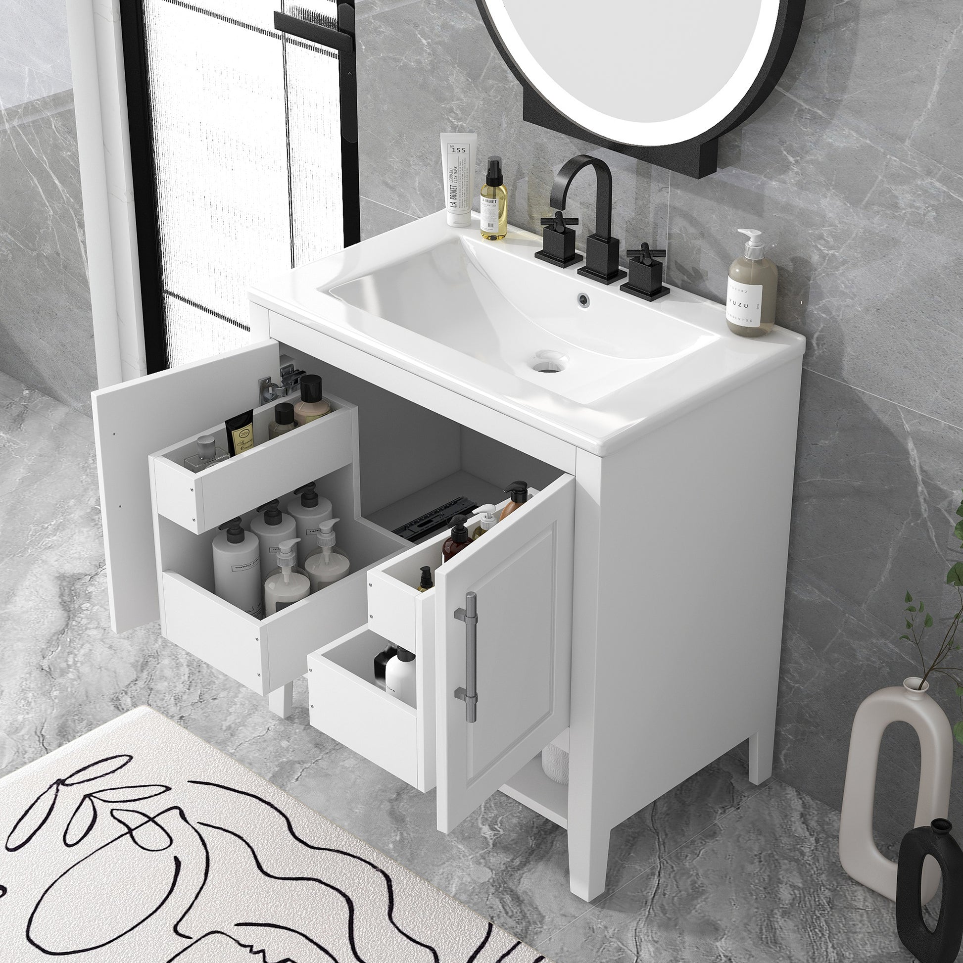 30" Bathroom Vanity With Sink, Multi Functional Bathroom Cabinet With Doors And Drawers, Solid Frame And Mdf Board, White White Solid Wood Mdf