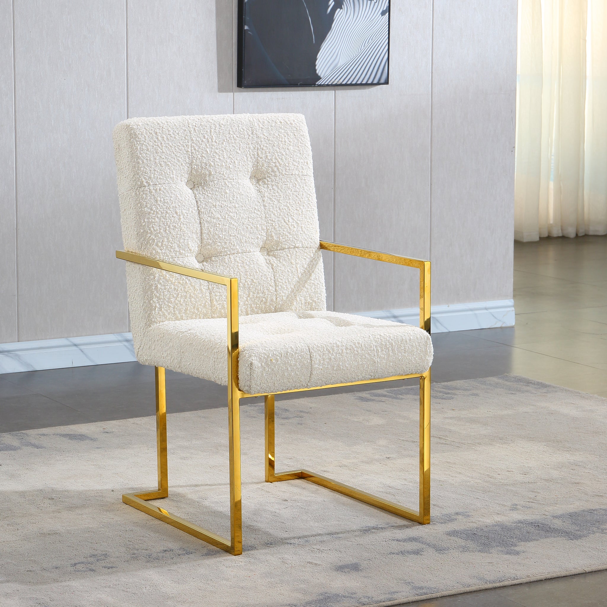 Modern Linen Dining Arm Chair Set Of 1, Tufted Design And Gold Finish Stainless Base White Linen