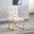 Modern Linen Dining Arm Chair Set Of 1, Tufted Design And Gold Finish Stainless Base White Linen