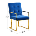 Modern Velvet Dining Arm Chair Set Of 1, Tufted Design And Gold Finish Stainless Base Blue Velvet