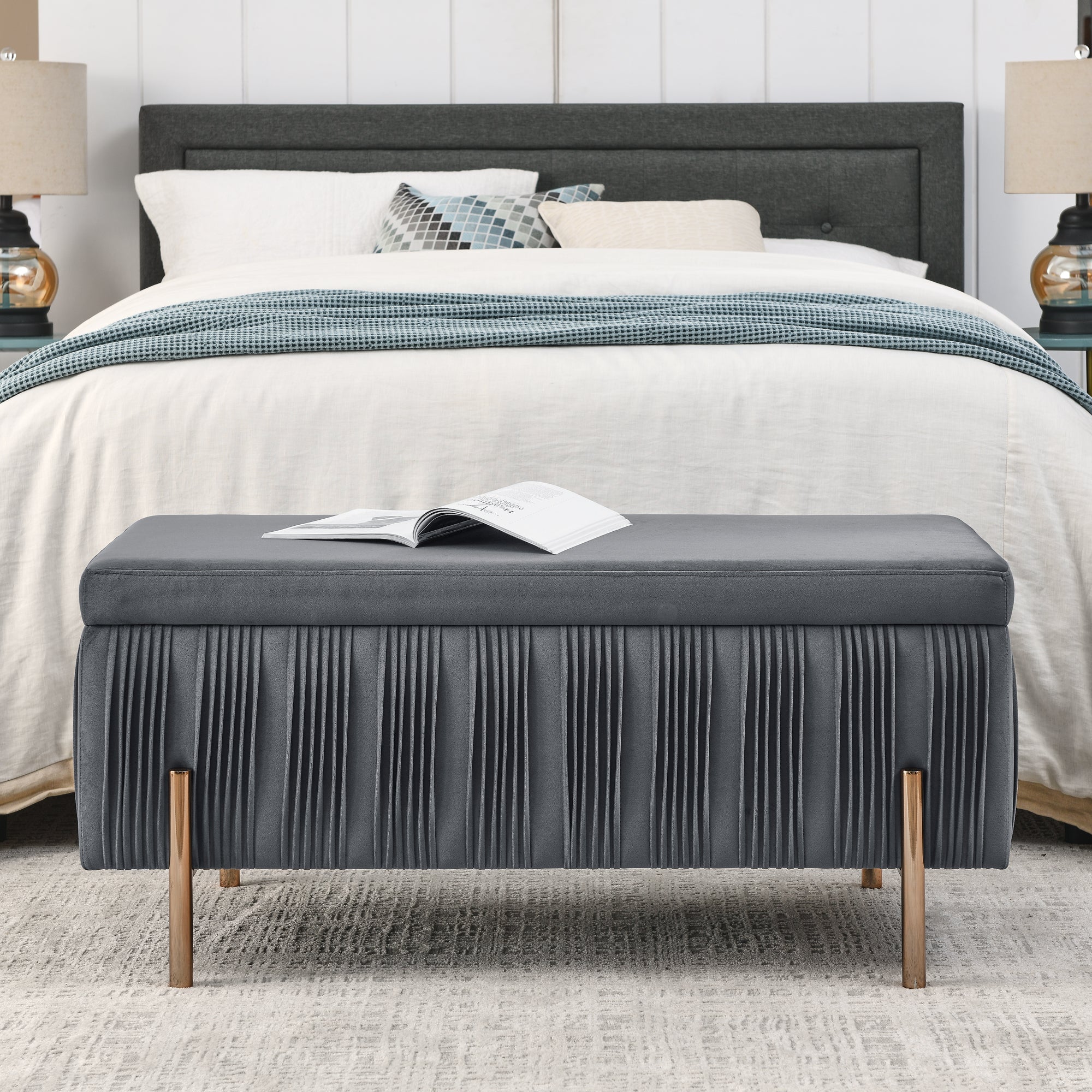 Elegant Upholstered Velvet Storage Bench with Cedar grey-office