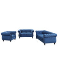 Modern Three Piece Sofa Set With Solid Wood Legs, Button Down Tufted Backrest, Dutch Velvet Upholstered Sofa Set Including Three Seater Sofa, Two Seater And Living Room Furniture Set Single Chair Blue Foam Polyester