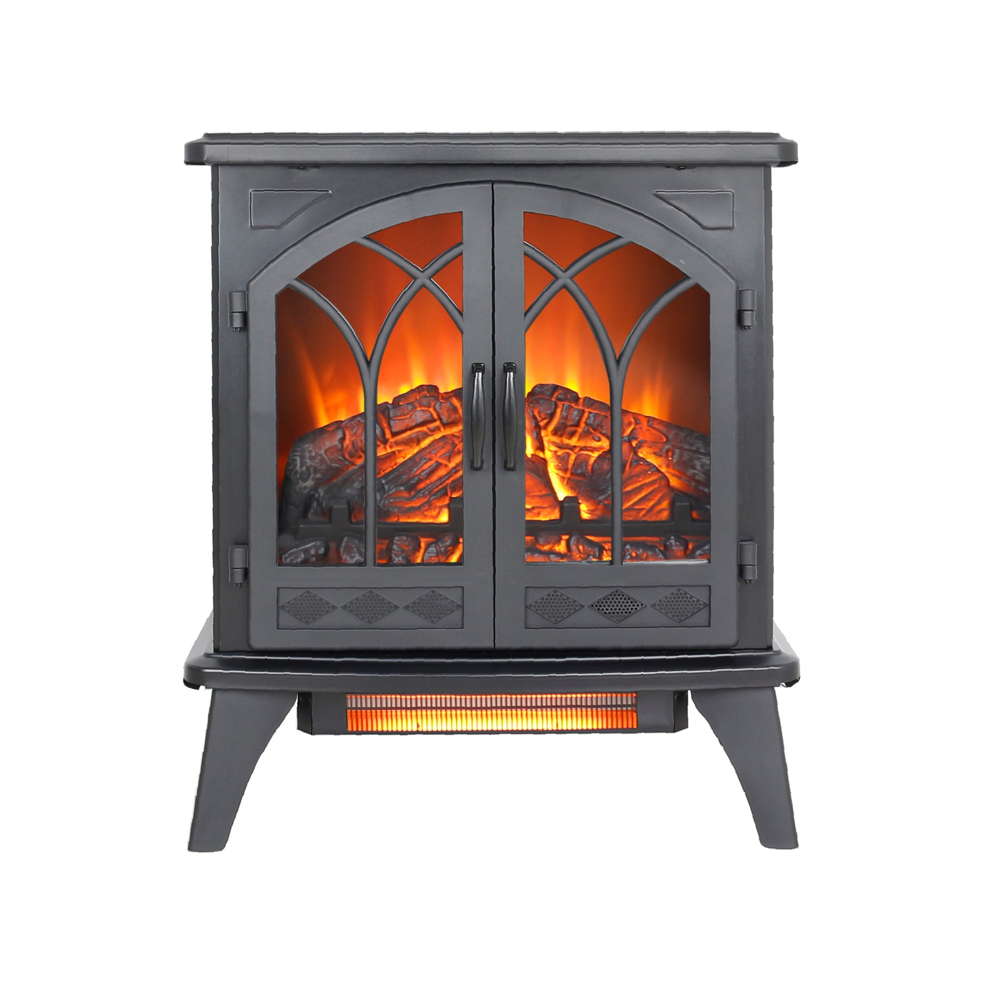 24 Inch 3D Flame Electric Infrared Quartz Fireplace Stove With Remote Control Powder Coated Electric Yes Antique Black Vent Free Yes Freestanding Tempered Glass Sheet Metal Electric