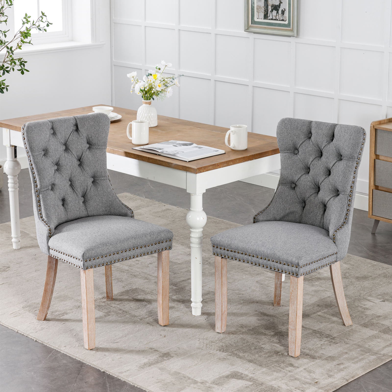 Nikki Collection Modern, High End Tufted Solid Wood Contemporary Flax Upholstered Linen Dining Chair With Wood Legs Trim 2 Pcs Set,Gray, Sw6801Gy Gray Dining Room Foam American Design Rubberwood Foam Linen