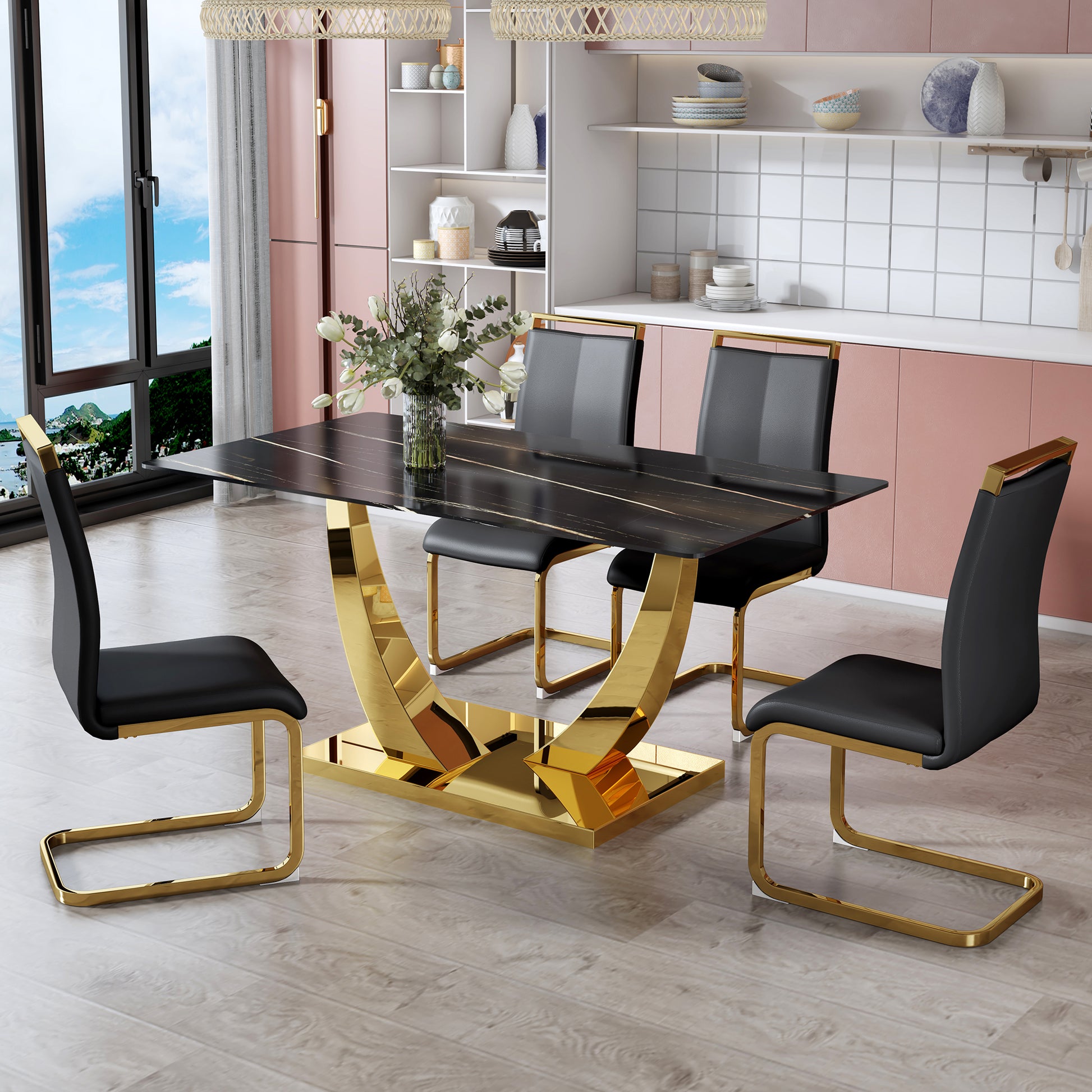 Modern Minimalist Rectangular Glass Dining Table, 0.4 "Thick, Black Sticker Glass Tabletop, Gold Plated Metal Legs. Used In Kitchens, Restaurants, And Living Rooms 63"*35.4"*30" F 1548 Black Gold