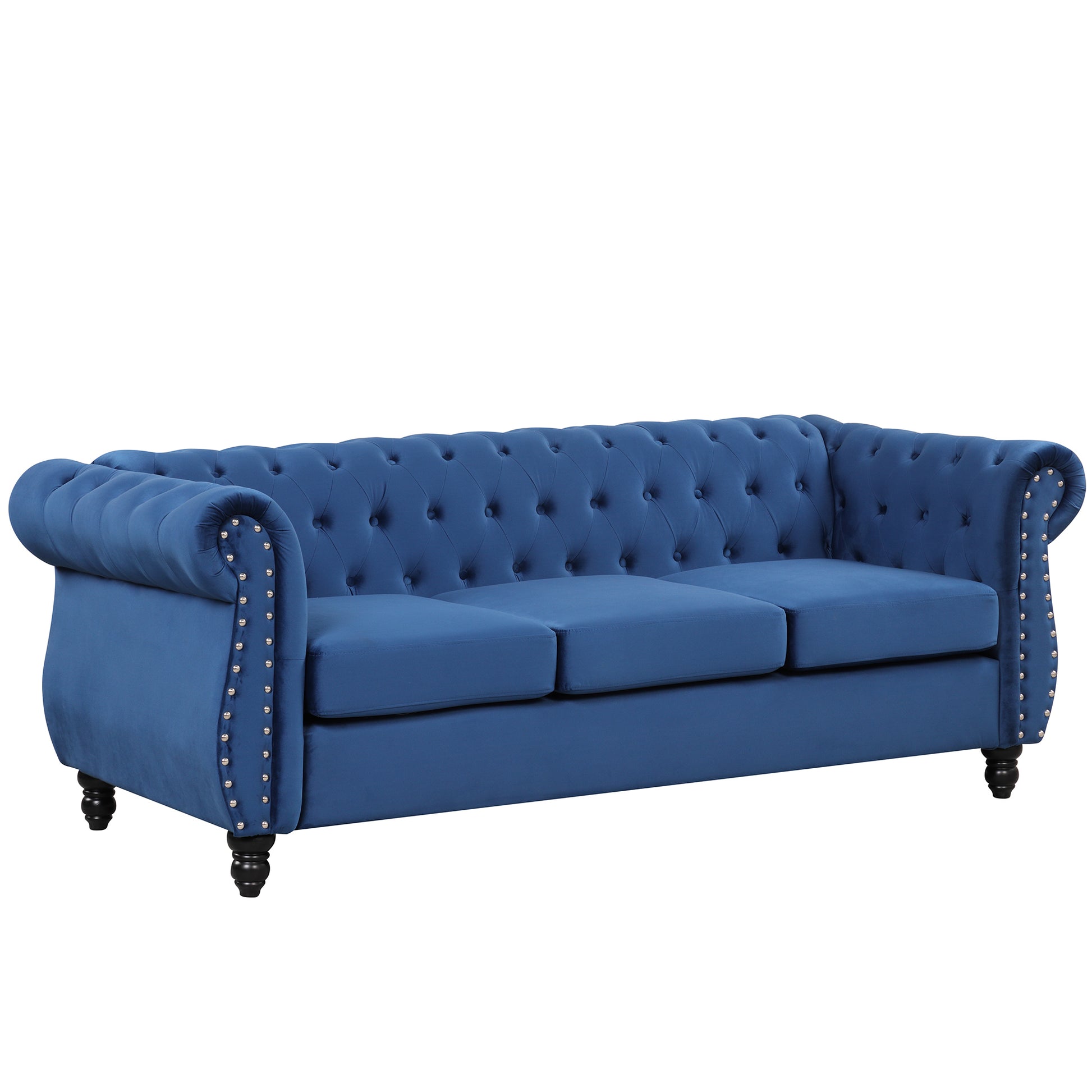 82" Modern Sofa Dutch Plush Upholstered Sofa, Solid Wood Legs, Buttoned Tufted Backrest, Blue Blue Foam Polyester