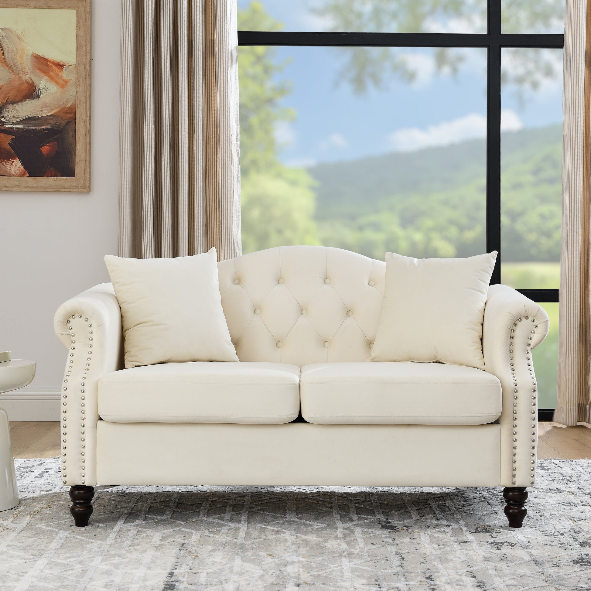 57" Chesterfield Sofa Grey Velvet For Living Room, 2 Seater Sofa Tufted Couch With Rolled Arms And For Living Room, Bedroom, Office, Apartment, Two Pillows Beige Foam Velvet