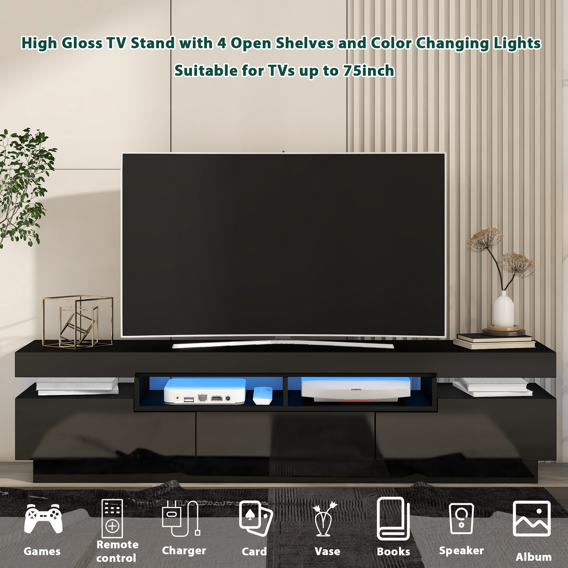 Tv Stand With 4 Open Shelves, Modern High Gloss Entertainment Center For 75 Inch Tv, Universal Tv Storage Cabinet With 16 Color Rgb Led Color Changing Lights, Black Black Particle Board