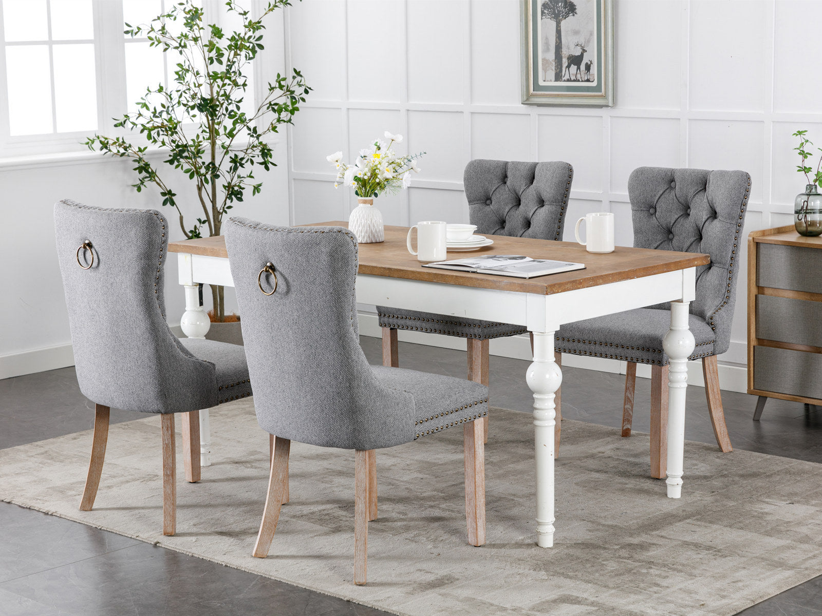 Nikki Collection Modern, High End Tufted Solid Wood Contemporary Flax Upholstered Linen Dining Chair With Wood Legs Trim 2 Pcs Set,Gray, Sw6801Gy Gray Dining Room Foam American Design Rubberwood Foam Linen