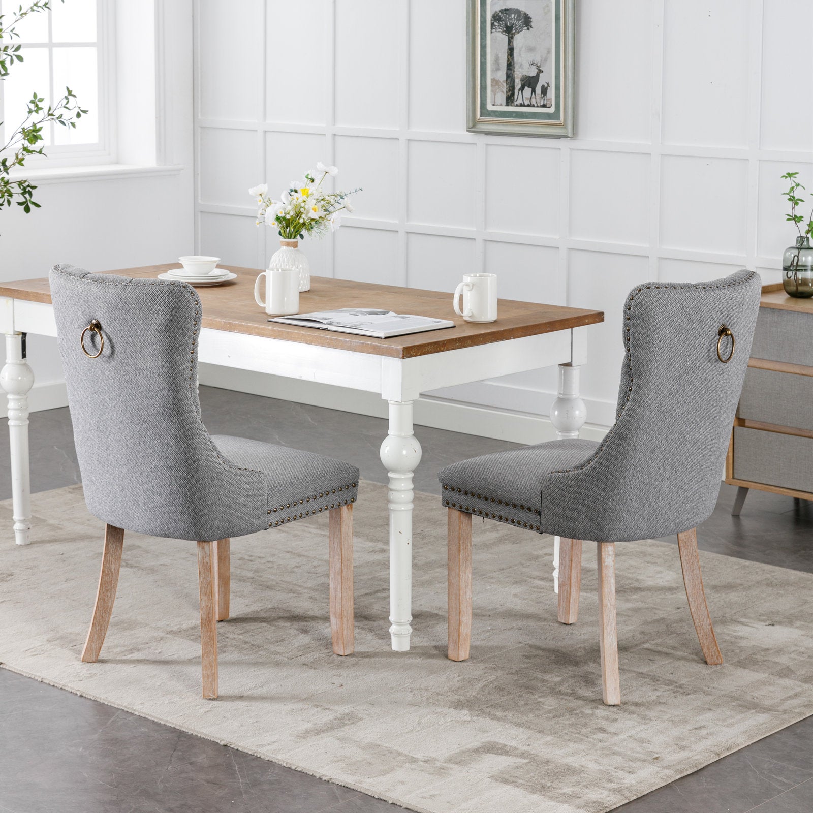 Nikki Collection Modern, High End Tufted Solid Wood Contemporary Flax Upholstered Linen Dining Chair With Wood Legs Trim 2 Pcs Set,Gray, Sw6801Gy Gray Dining Room Foam American Design Rubberwood Foam Linen