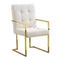 Modern Linen Dining Arm Chair Set Of 1, Tufted Design And Gold Finish Stainless Base White Linen