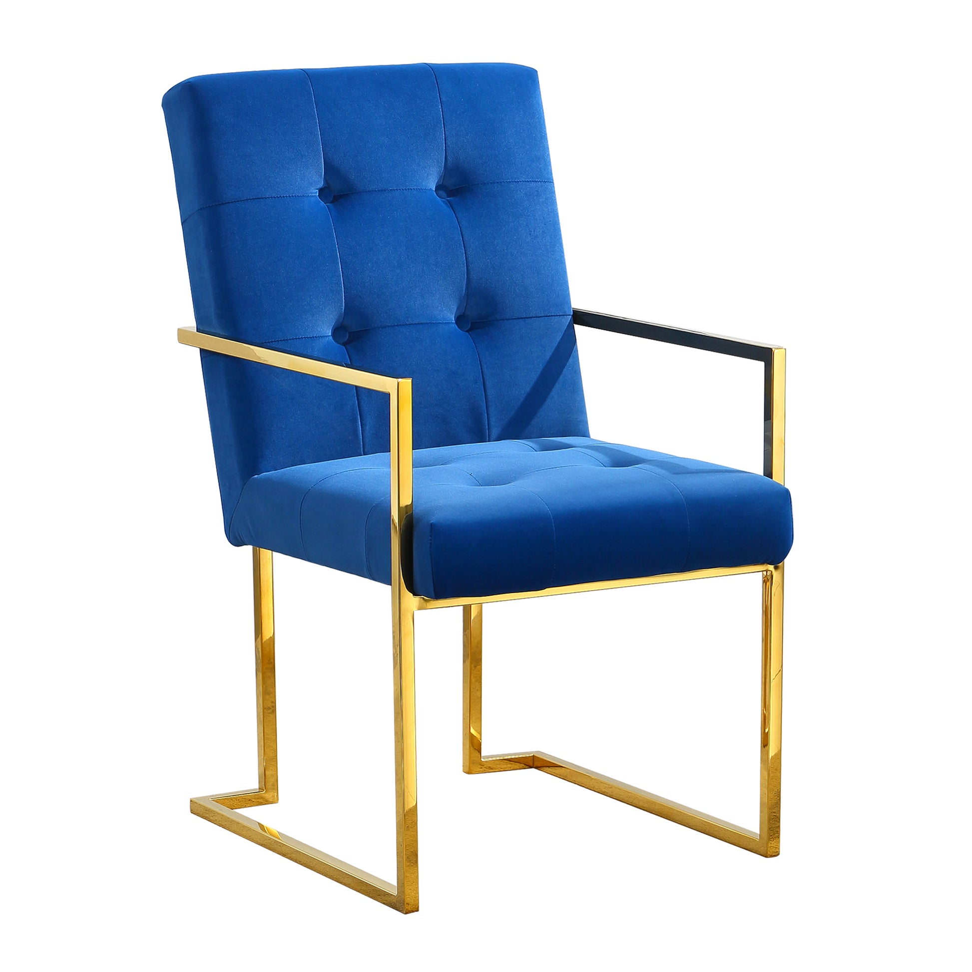 Modern Velvet Dining Arm Chair Set Of 1, Tufted Design And Gold Finish Stainless Base Blue Velvet