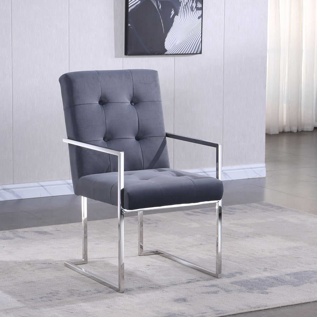 Modern Velvet Dining Arm Chair Set Of 1, Tufted Design And Silver Finish Stainless Base Grey Velvet