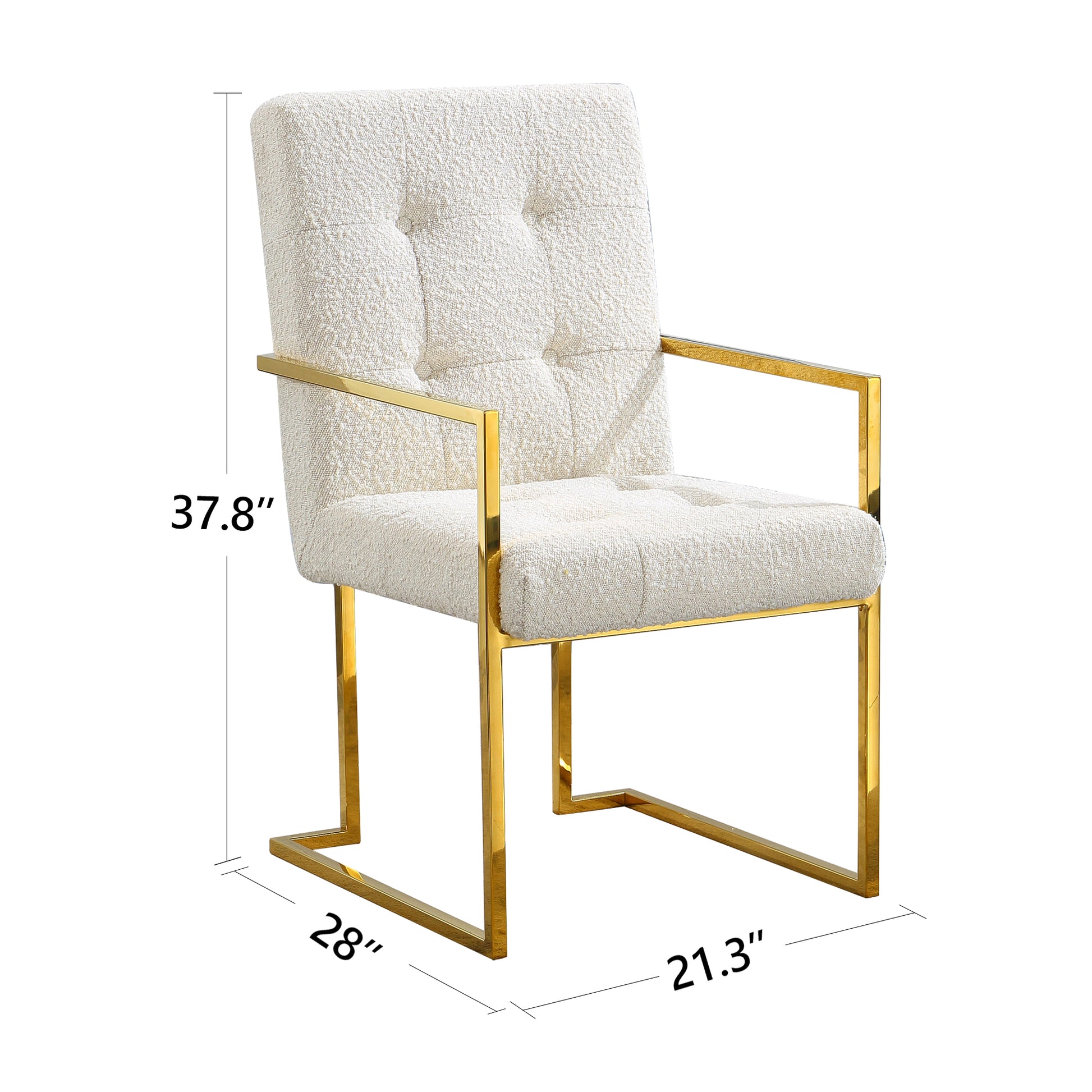 Modern Linen Dining Arm Chair Set Of 1, Tufted Design And Gold Finish Stainless Base White Linen