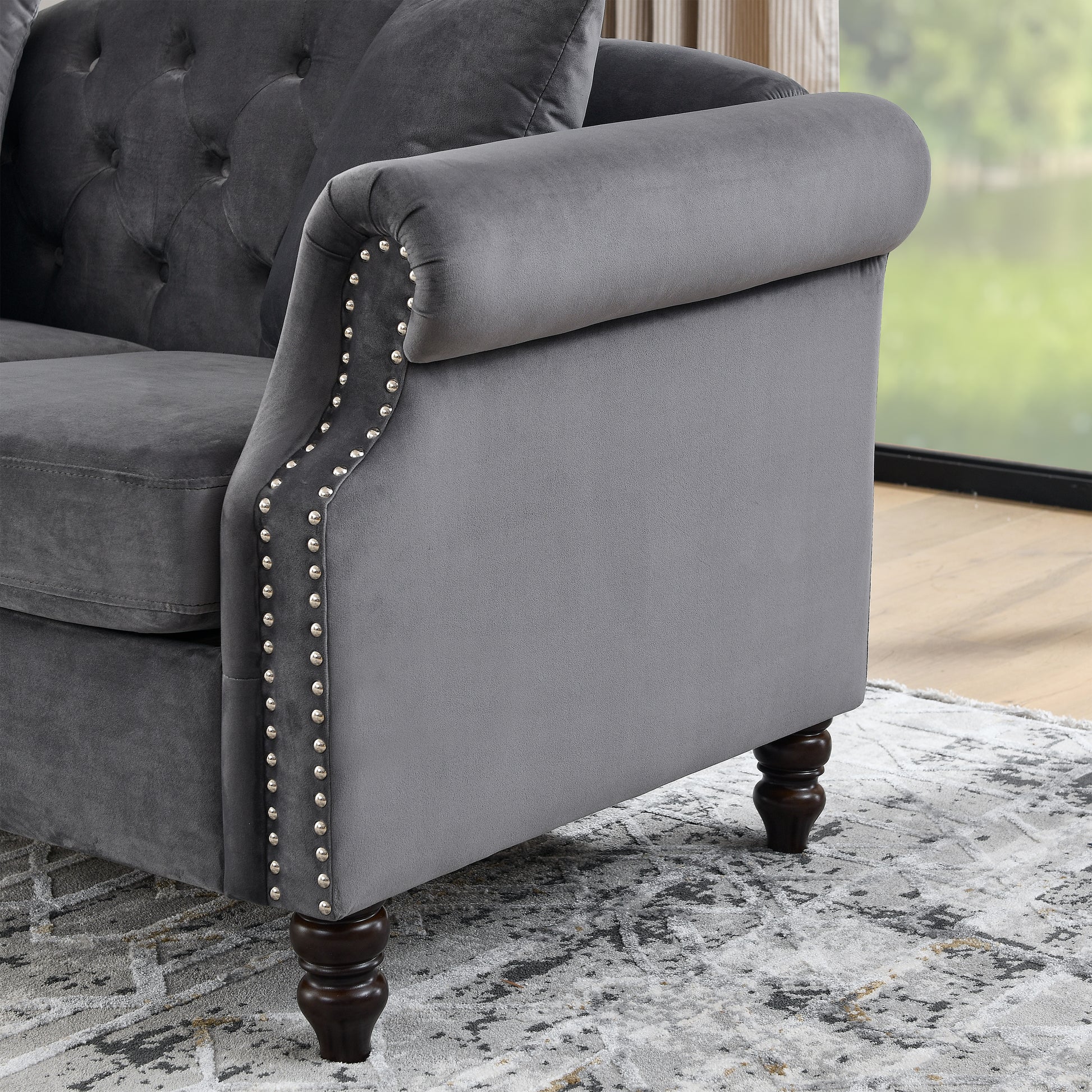 57" Chesterfield Sofa Grey Velvet For Living Room, 2 Seater Sofa Tufted Couch With Rolled Arms And For Living Room, Bedroom, Office, Apartment, Two Pillowsw834S00073 Grey Foam Velvet
