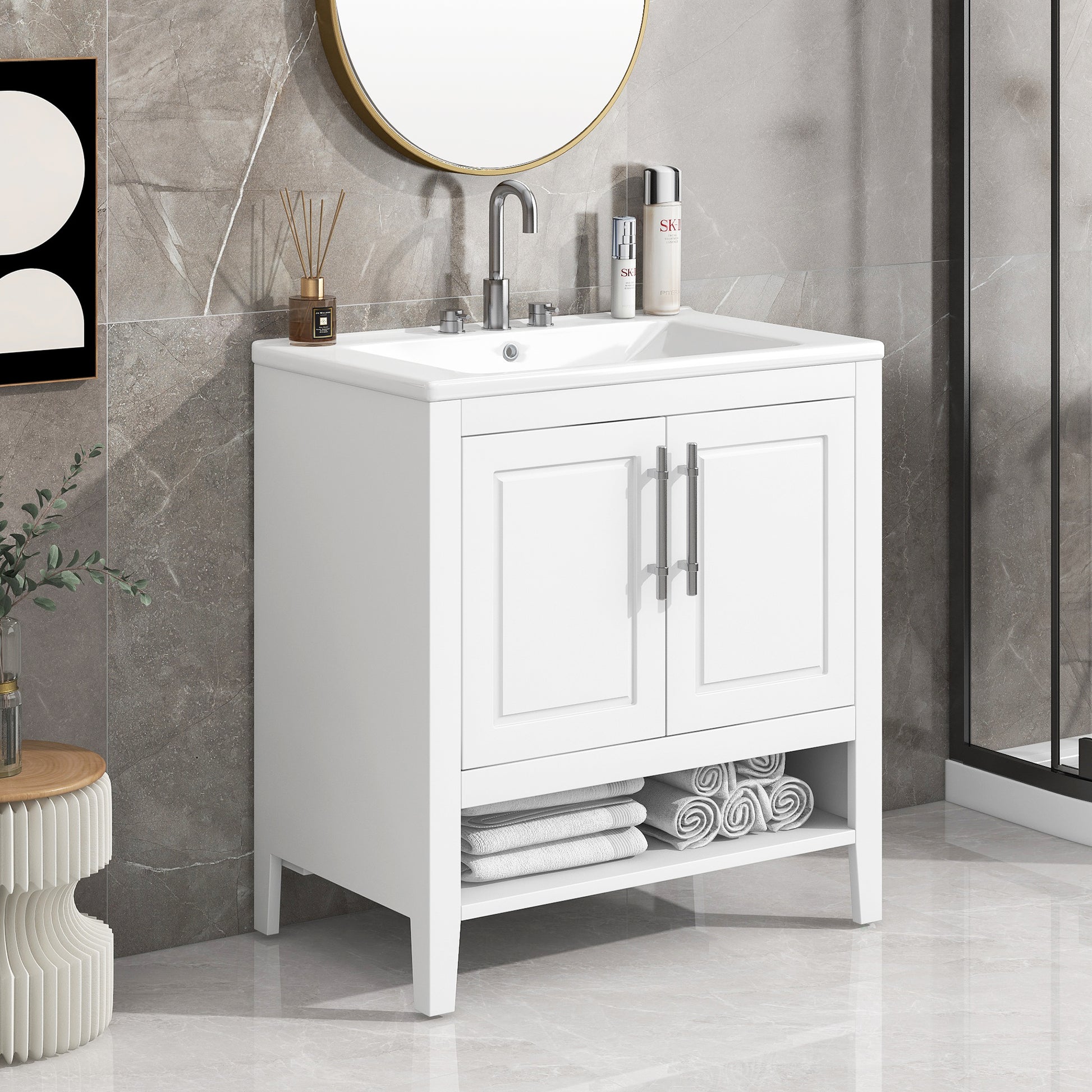 30" Bathroom Vanity With Sink, Multi Functional Bathroom Cabinet With Doors And Drawers, Solid Frame And Mdf Board, White White Solid Wood Mdf