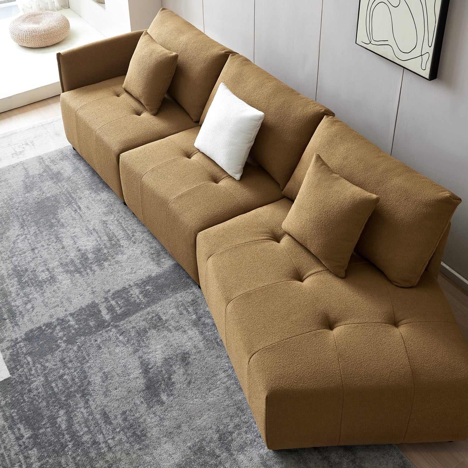 120'' Teddy Fabric Sofa, Modern Modular Sectional Couch, Button Tufted Seat Cushion For Living Room, Apartment & Office. Dark Yellow Dark Yellow Foam Fabric