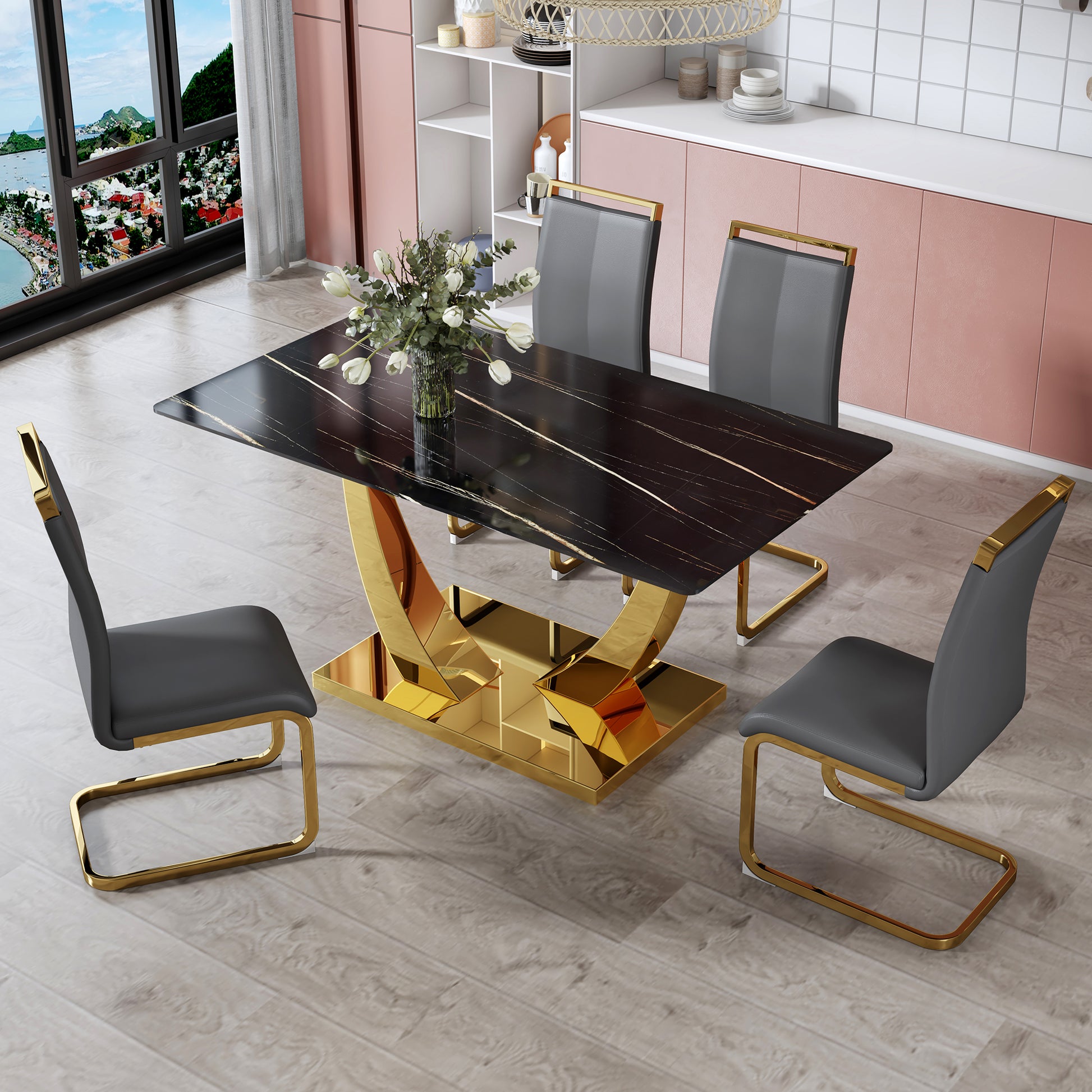 Modern Minimalist Rectangular Glass Dining Table, 0.4 "Thick, Black Sticker Glass Tabletop, Gold Plated Metal Legs. Used In Kitchens, Restaurants, And Living Rooms 63"*35.4"*30" F 1548 Black Gold