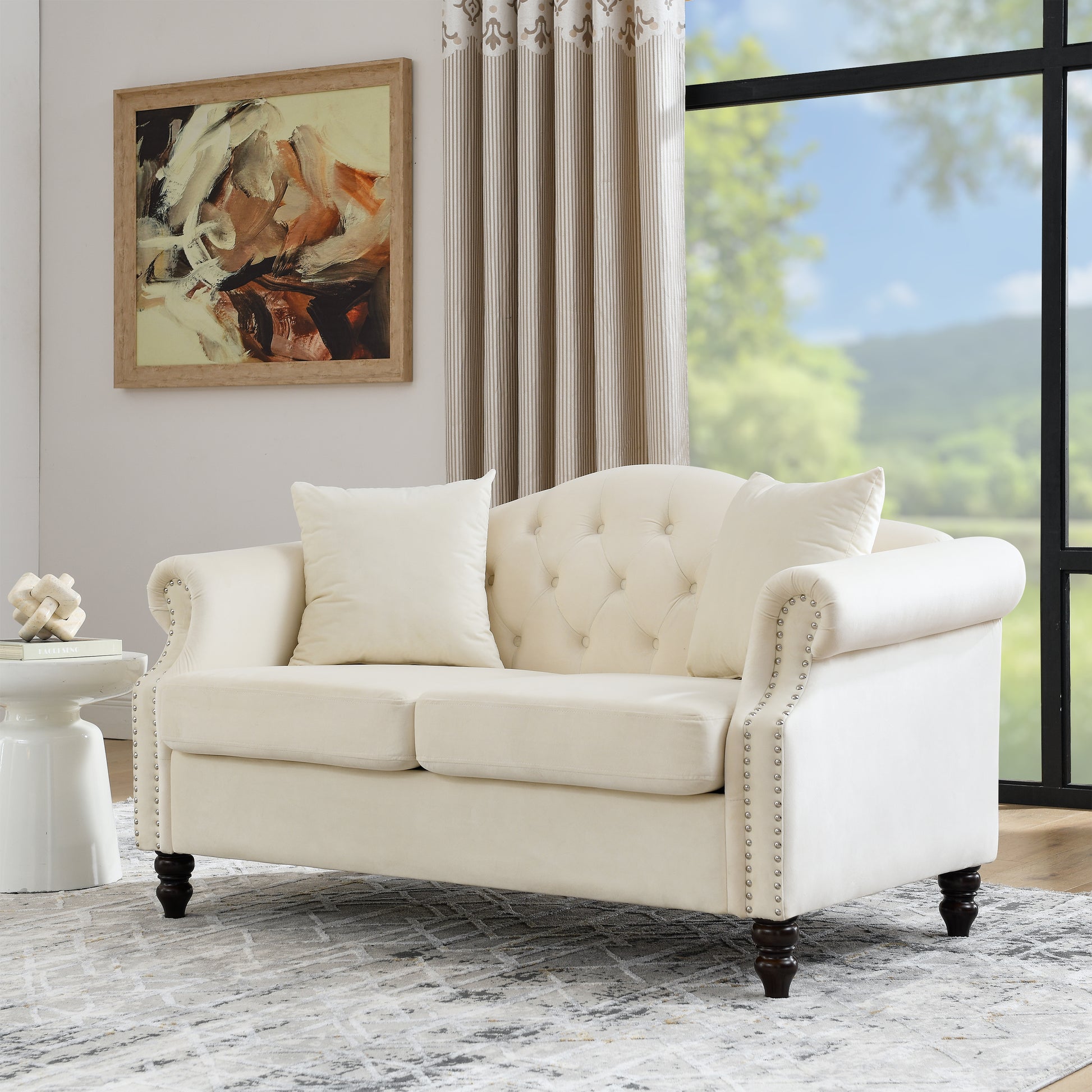 57" Chesterfield Sofa Grey Velvet For Living Room, 2 Seater Sofa Tufted Couch With Rolled Arms And For Living Room, Bedroom, Office, Apartment, Two Pillows Beige Foam Velvet