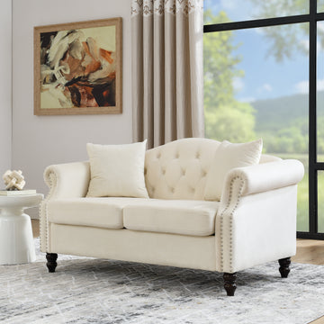 57" Chesterfield Sofa Grey Velvet For Living Room, 2 Seater Sofa Tufted Couch With Rolled Arms And For Living Room, Bedroom, Office, Apartment, Two Pillowsw834S00074 Beige Foam Velvet 2 Seat