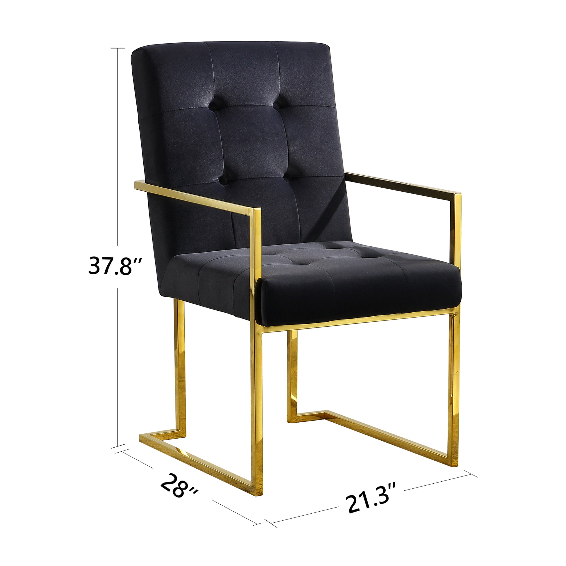 Modern Velvet Dining Arm Chair Set Of 1, Tufted Design And Gold Finish Stainless Base Black Velvet