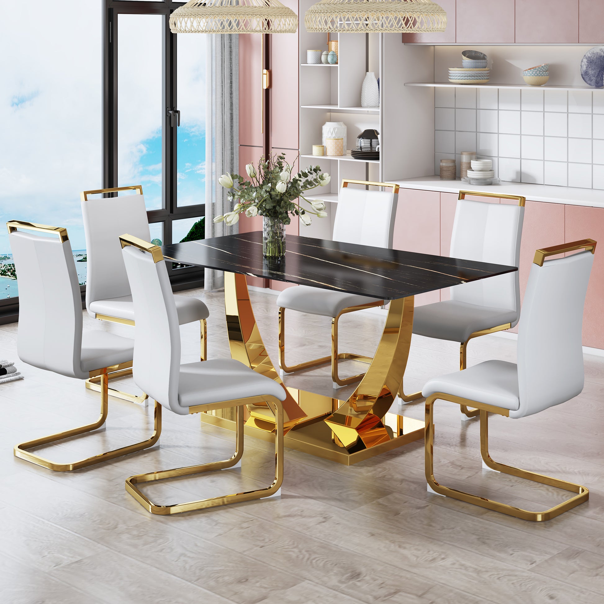 Modern Minimalist Rectangular Glass Dining Table, 0.4 "Thick, Black Sticker Glass Tabletop, Gold Plated Metal Legs. Used In Kitchens, Restaurants, And Living Rooms 63"*35.4"*30" F 1548 Black Gold