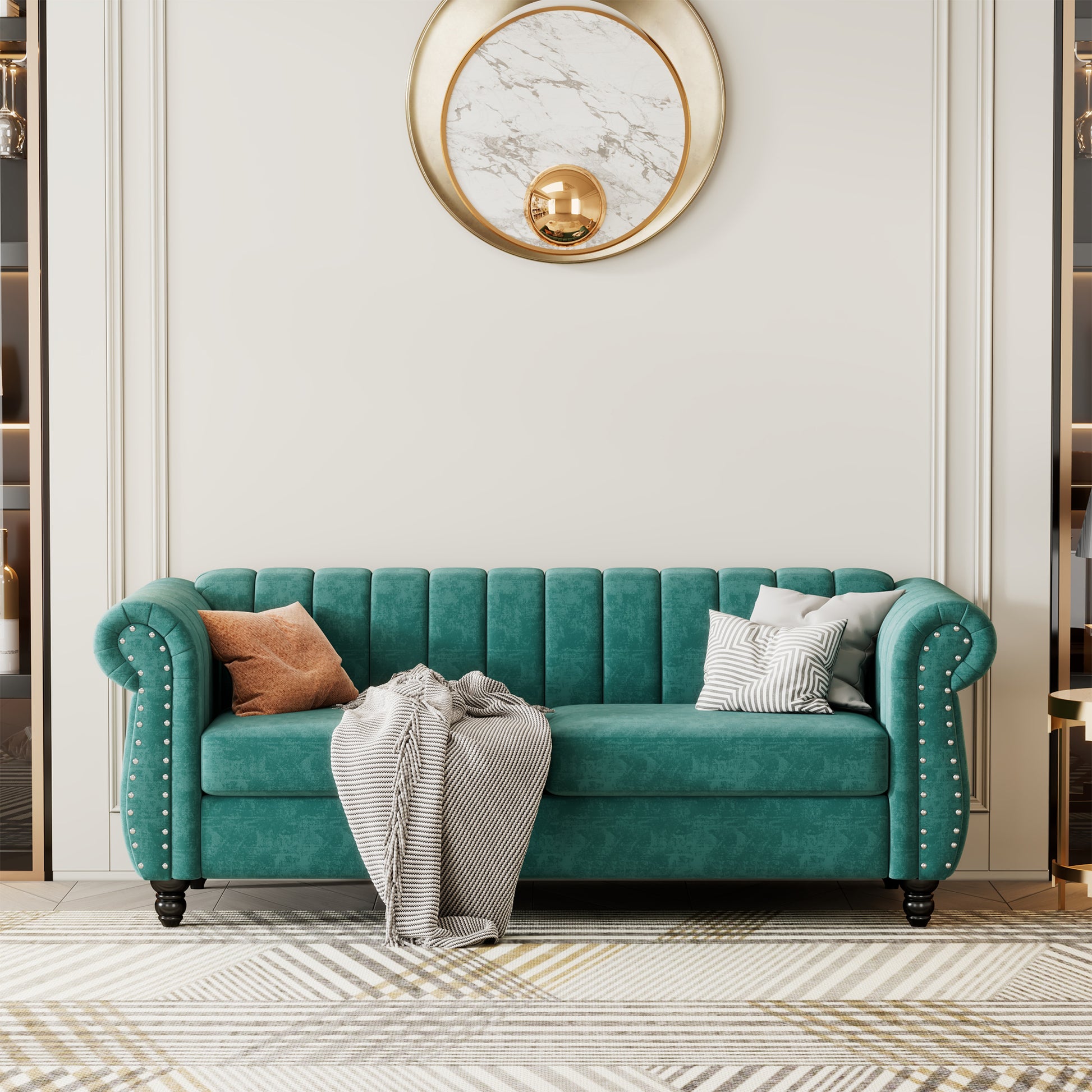 82.5" Modern Sofa Dutch Fluff Upholstered Sofa With Solid Wood Legs, Buttoned Tufted Backrest,Green Green Foam Polyester