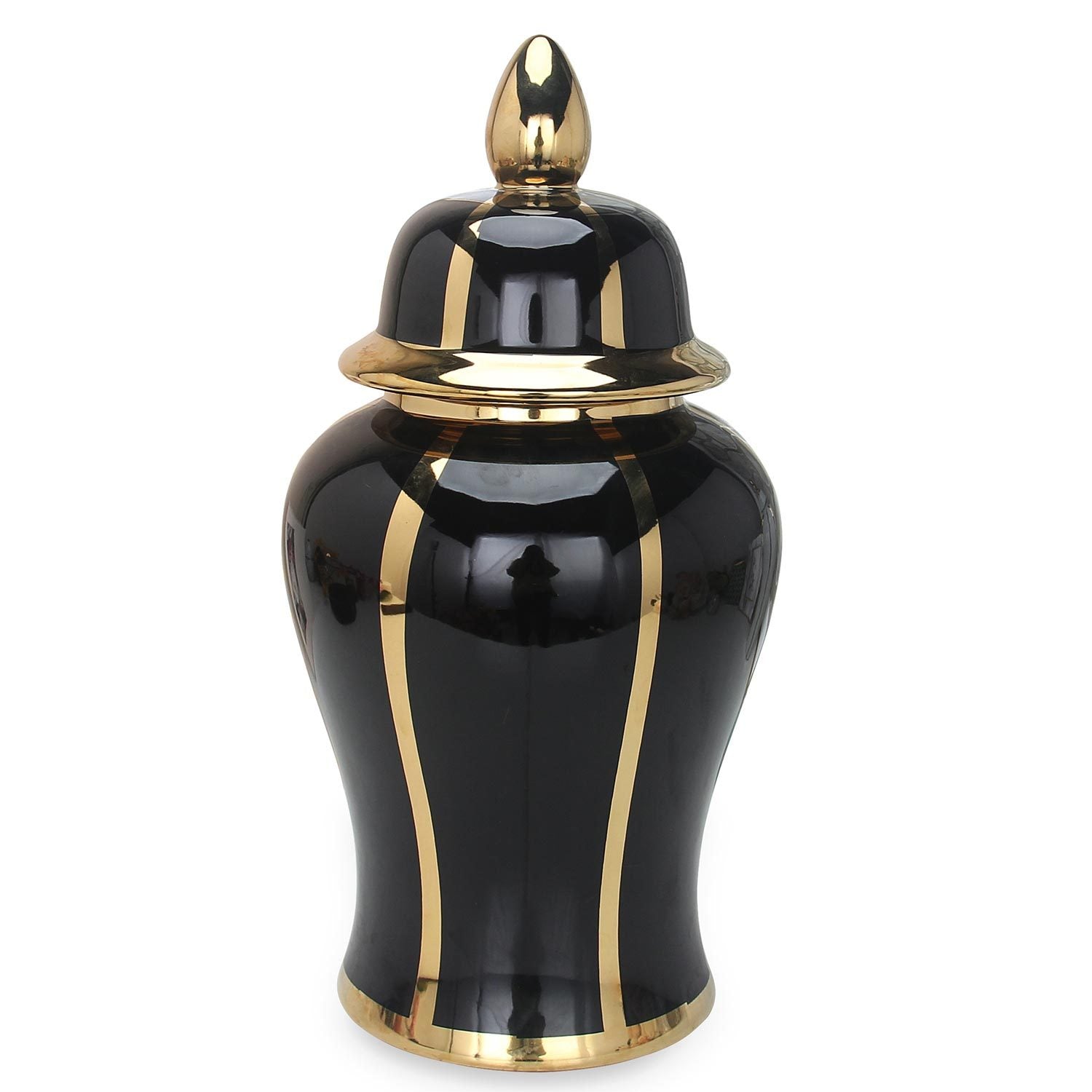 Black Linear Gilded Ginger Jar With Removable Lid Black Ceramic