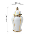 White Linear Gilded Ginger Jar With Removable Lid White Ceramic