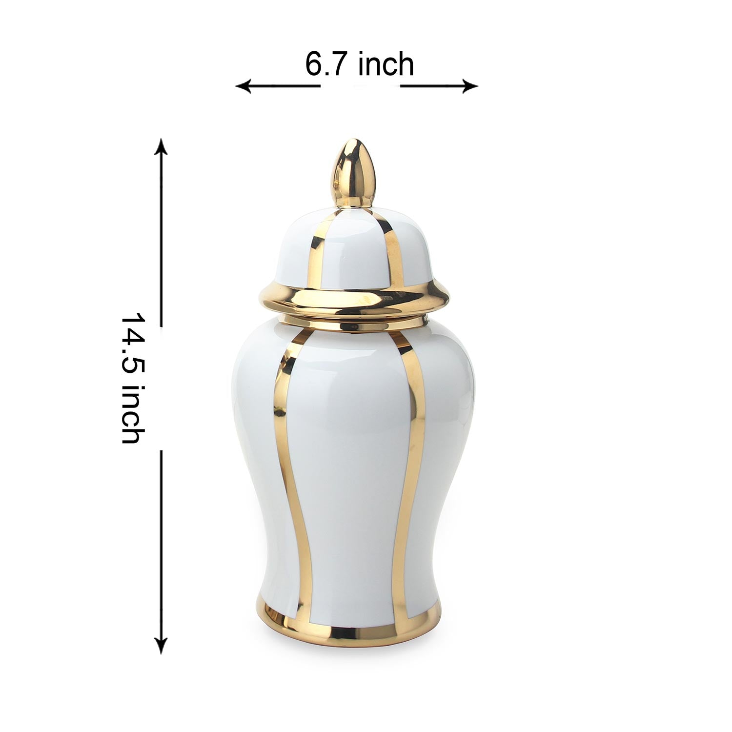 White Linear Gilded Ginger Jar With Removable Lid White Ceramic