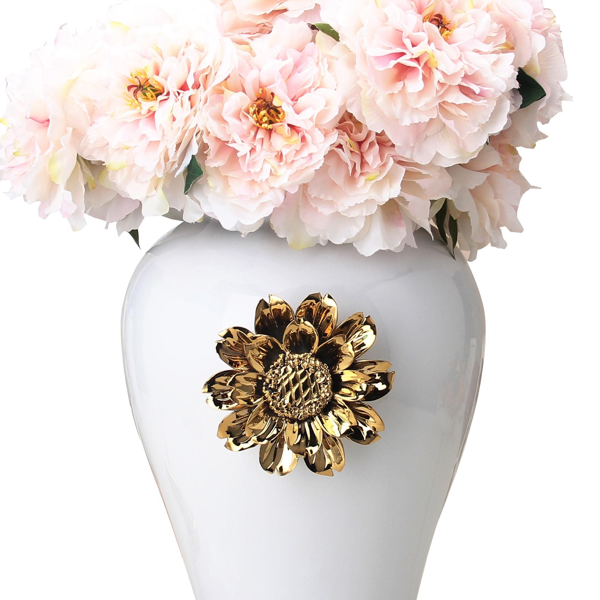 White Ginger Jar with Gilded Flower Timeless Home white-ceramic