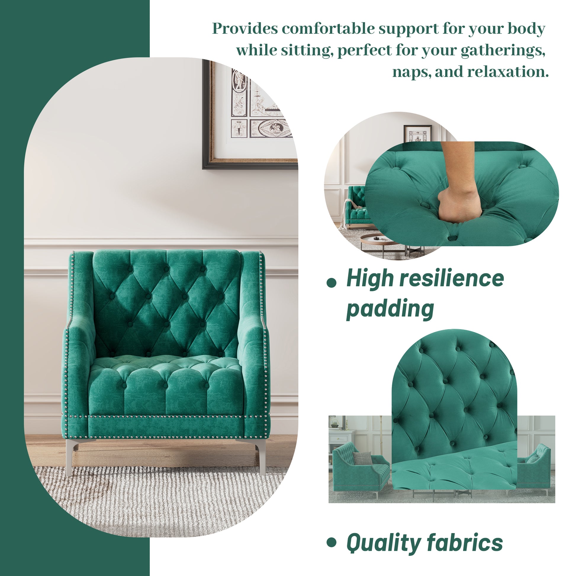 33.5" Modern Sofa Dutch Plush Upholstered Sofa With Metal Legs, Button Tufted Back Green Green Foam Polyester