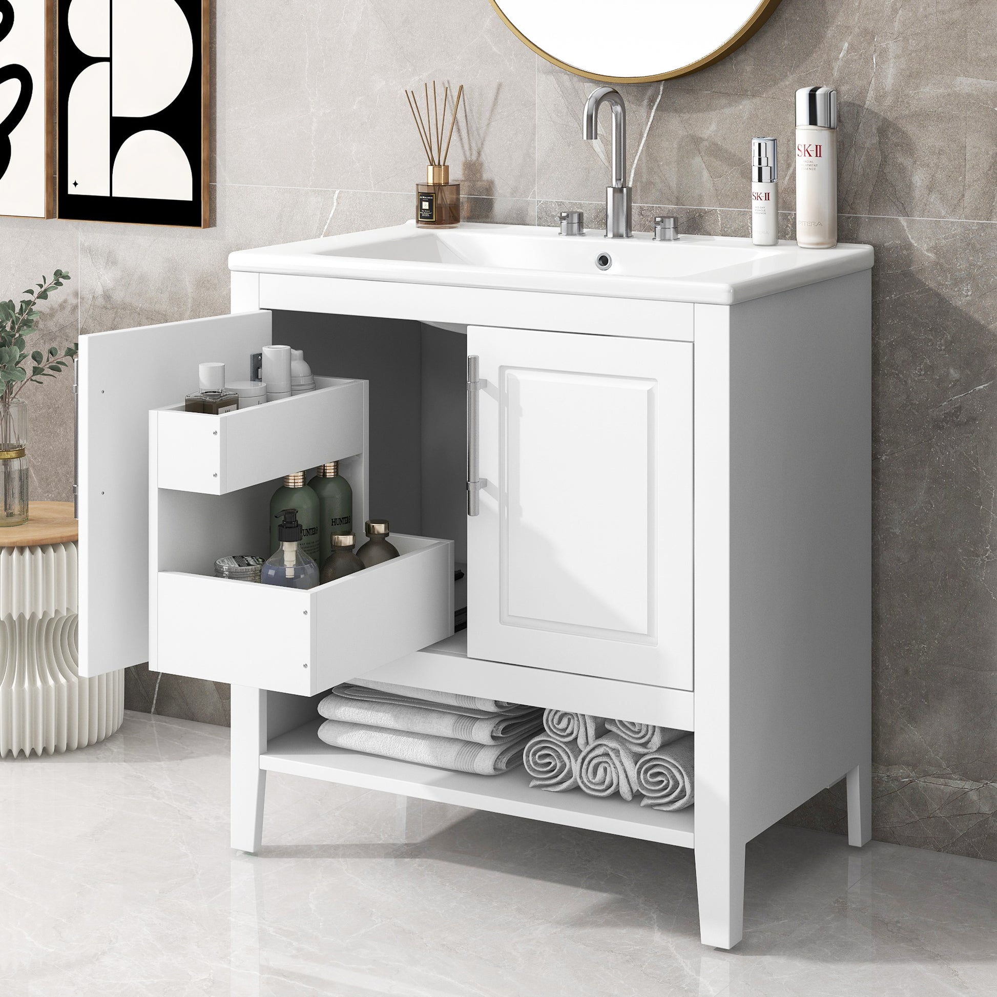 30" Bathroom Vanity With Sink, Multi Functional Bathroom Cabinet With Doors And Drawers, Solid Frame And Mdf Board, White White Solid Wood Mdf