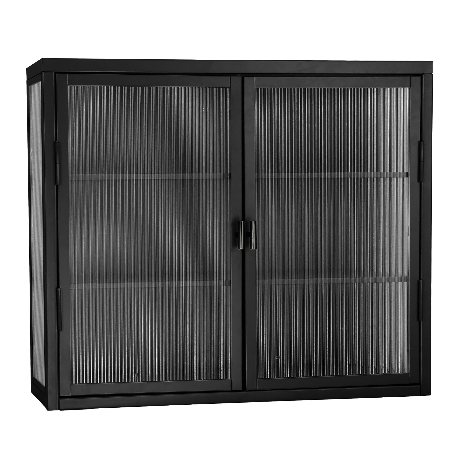 Retro Style Haze Double Glass Door Wall Cabinet With Detachable Shelves For Office, Dining Room,Living Room, Kitchen And Bathroom Black Old Item Code W68751723 Wall Mounted 1 2 Shelves Powder Coated Black Bathroom Glass Doors Tempered Glass Sheet Metal