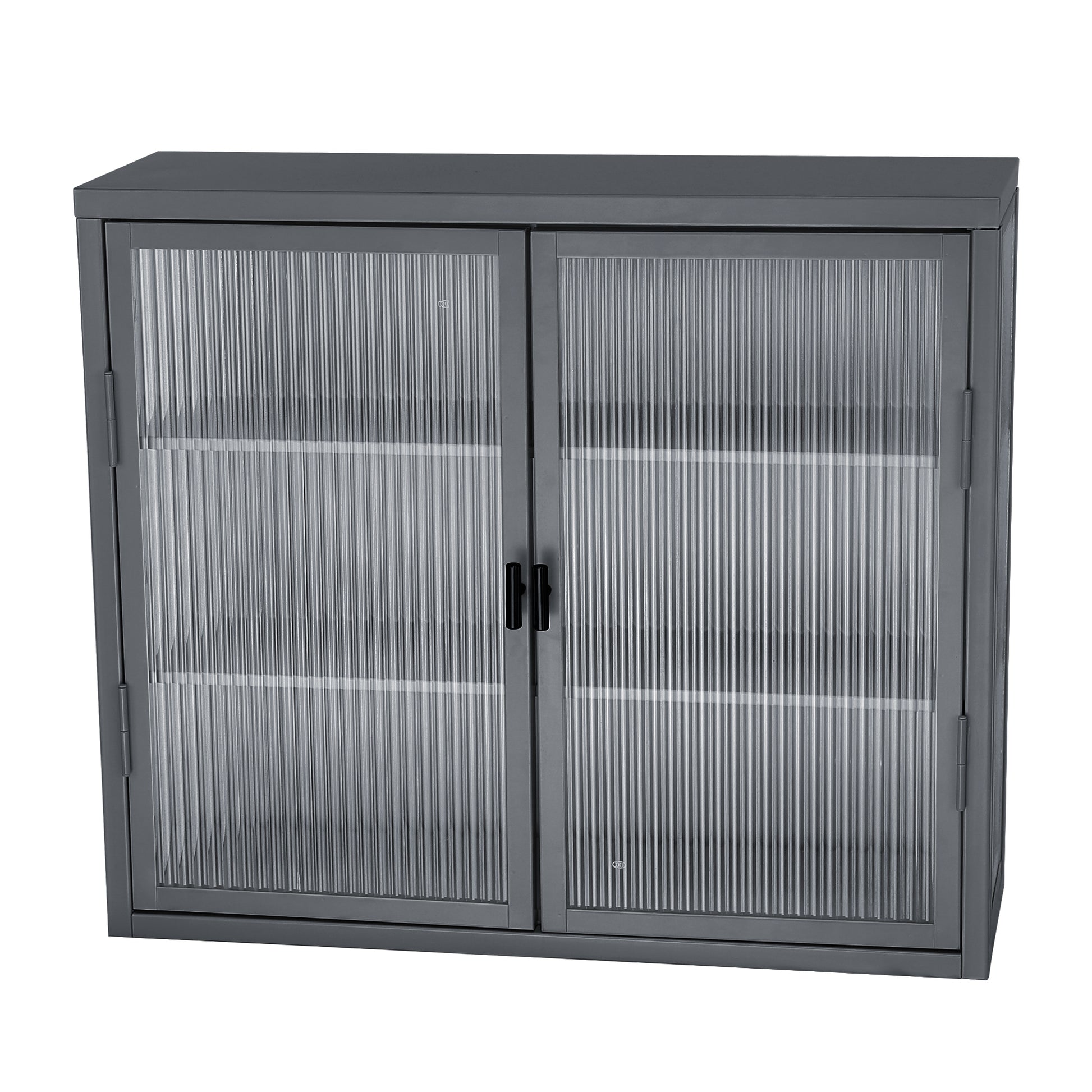 Retro Style Haze Double Glass Door Wall Cabinet With Detachable Shelves For Office, Dining Room,Living Room, Kitchen And Bathroom Grey Color Old Item Code W687102315 Wall Mounted 1 2 Shelves Powder Coated Gray Bathroom Glass Doors Tempered Glass Sheet