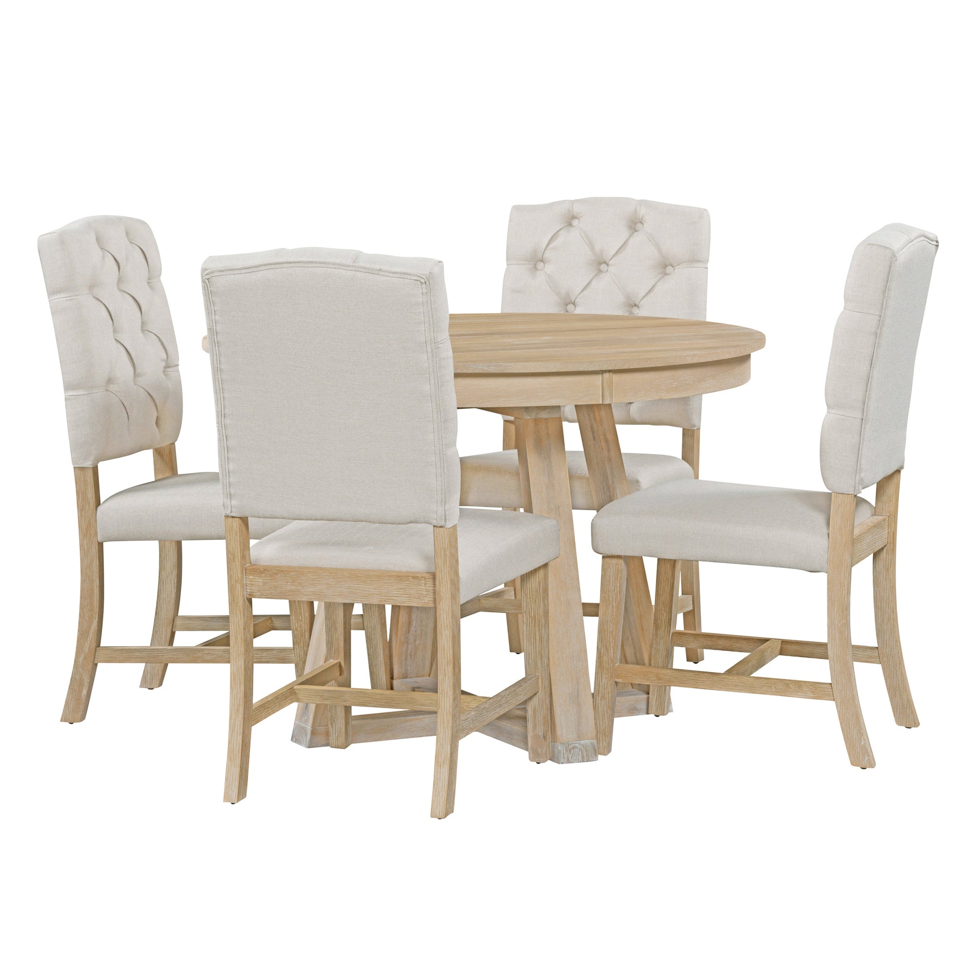 5 Piece Retro Functional Dining Set, Round Table With A 16"W Leaf And 4 Upholstered Chairs For Dining Room And Living Room Natural Natural Solid Wood