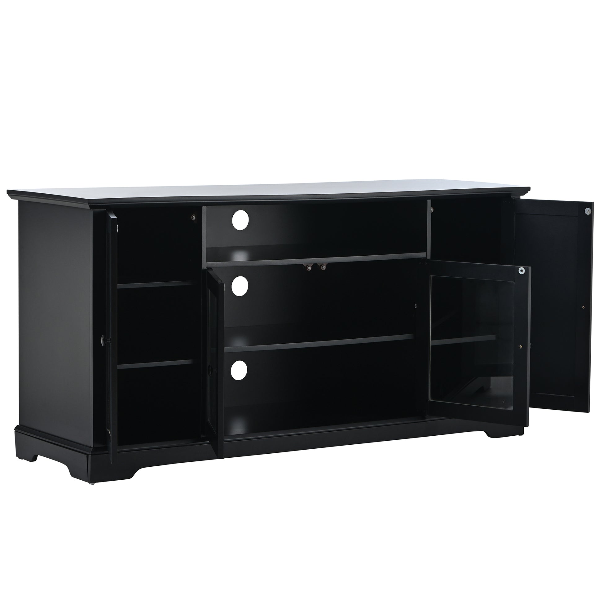 Tv Stand For Tv Up To 65In With 2 Tempered Glass Doors Adjustable Panels Open Style Cabinet, Sideboard For Living Room, Black Black Mdf