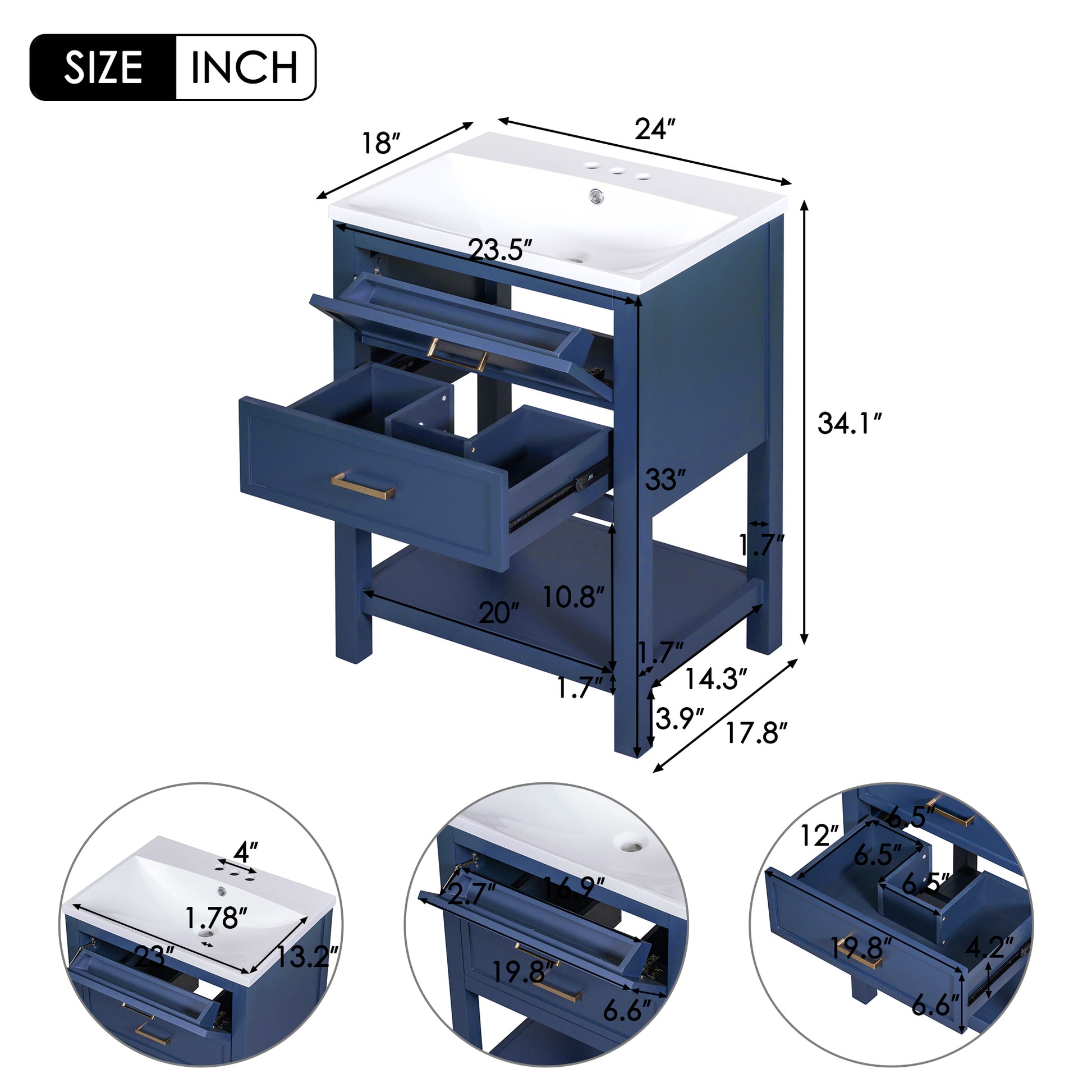 24'' Bathroom Vanity With Top Sink, Modern Bathroom Storage Cabinet With 2 Drawers, Single Sink Bathroom Vanity Blue Mdf