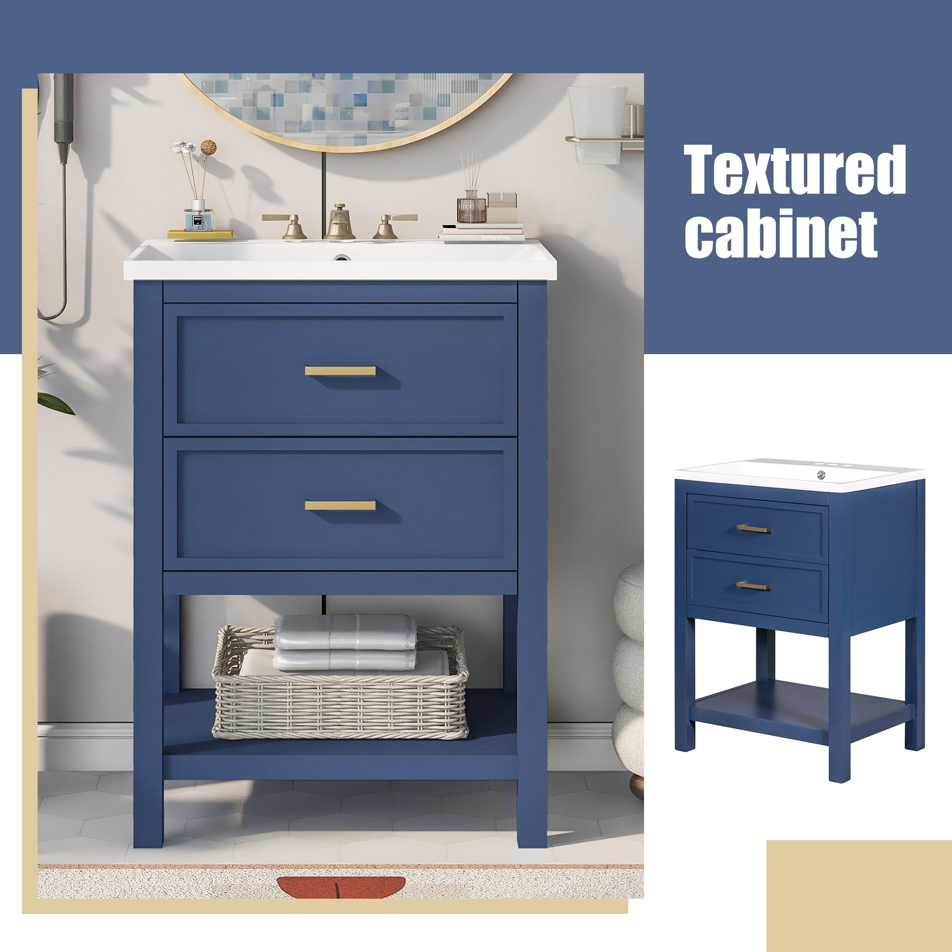 24'' Bathroom Vanity With Top Sink, Modern Bathroom Storage Cabinet With 2 Drawers, Single Sink Bathroom Vanity Blue Mdf