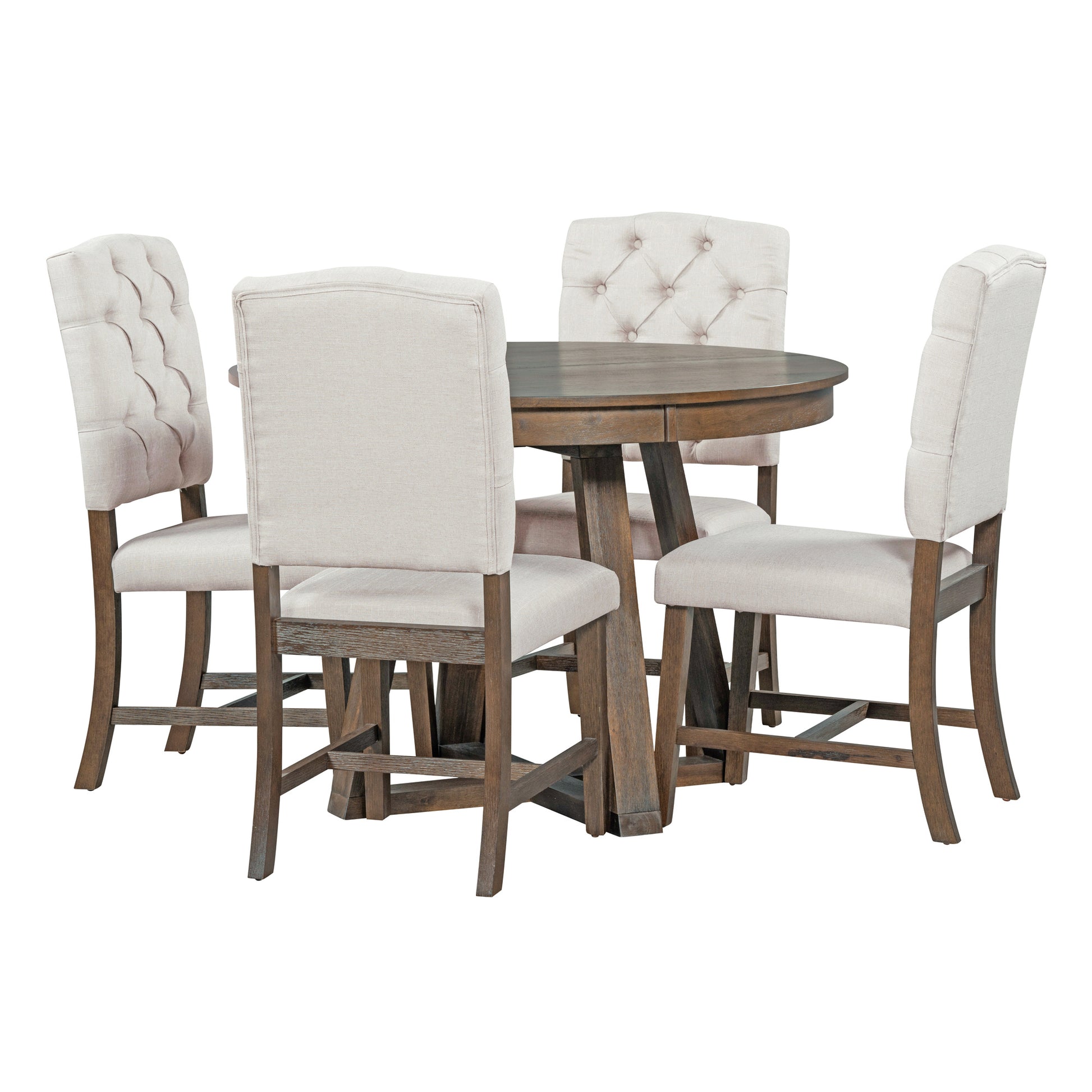 5 Piece Retro Functional Dining Set, Round Table With A 16"W Leaf And 4 Upholstered Chairs For Dining Room And Living Room Walnut Walnut Solid Wood